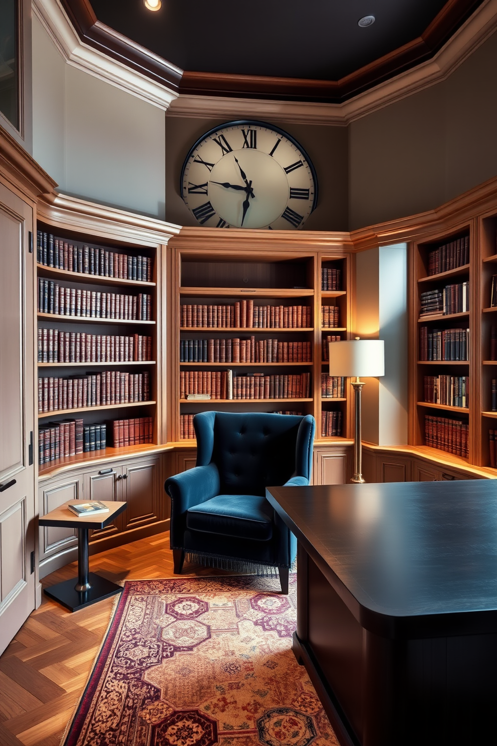 A luxury study room features a statement clock as a focal design element. The room is adorned with rich wooden bookshelves filled with leather-bound books and a plush, oversized armchair in deep navy velvet. Soft, ambient lighting is provided by a stylish desk lamp and a large window that invites natural light. A sleek, modern desk made of dark wood complements the sophisticated atmosphere, while a decorative rug adds warmth underfoot.