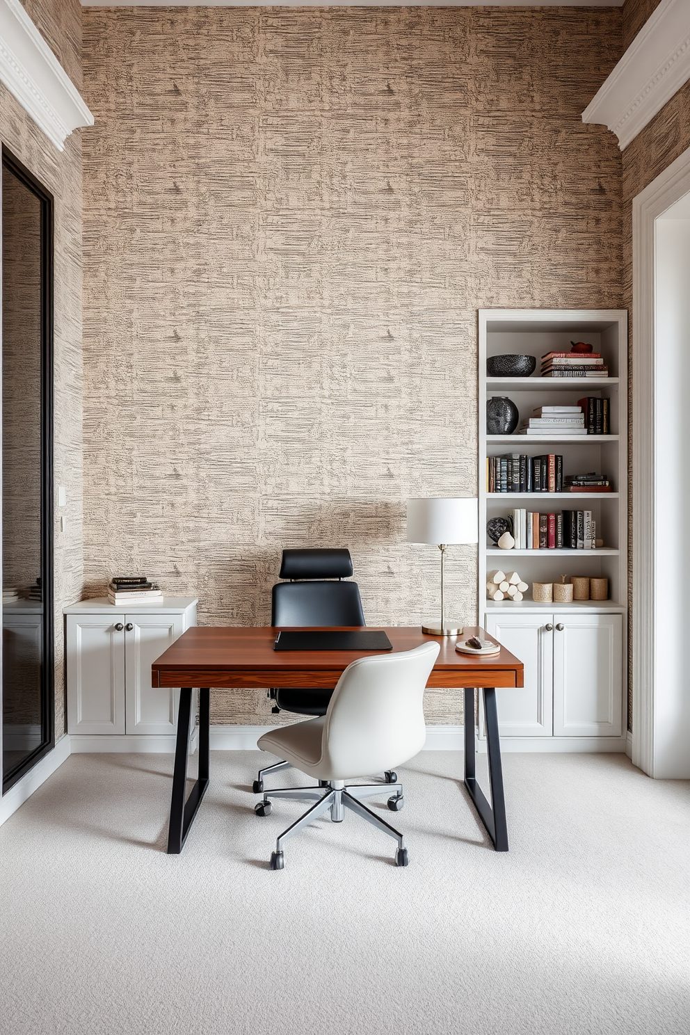 A luxury study room featuring textured wallpaper that adds depth and character to the space. The room is furnished with a sleek wooden desk, an ergonomic chair, and built-in bookshelves filled with books and decorative items.