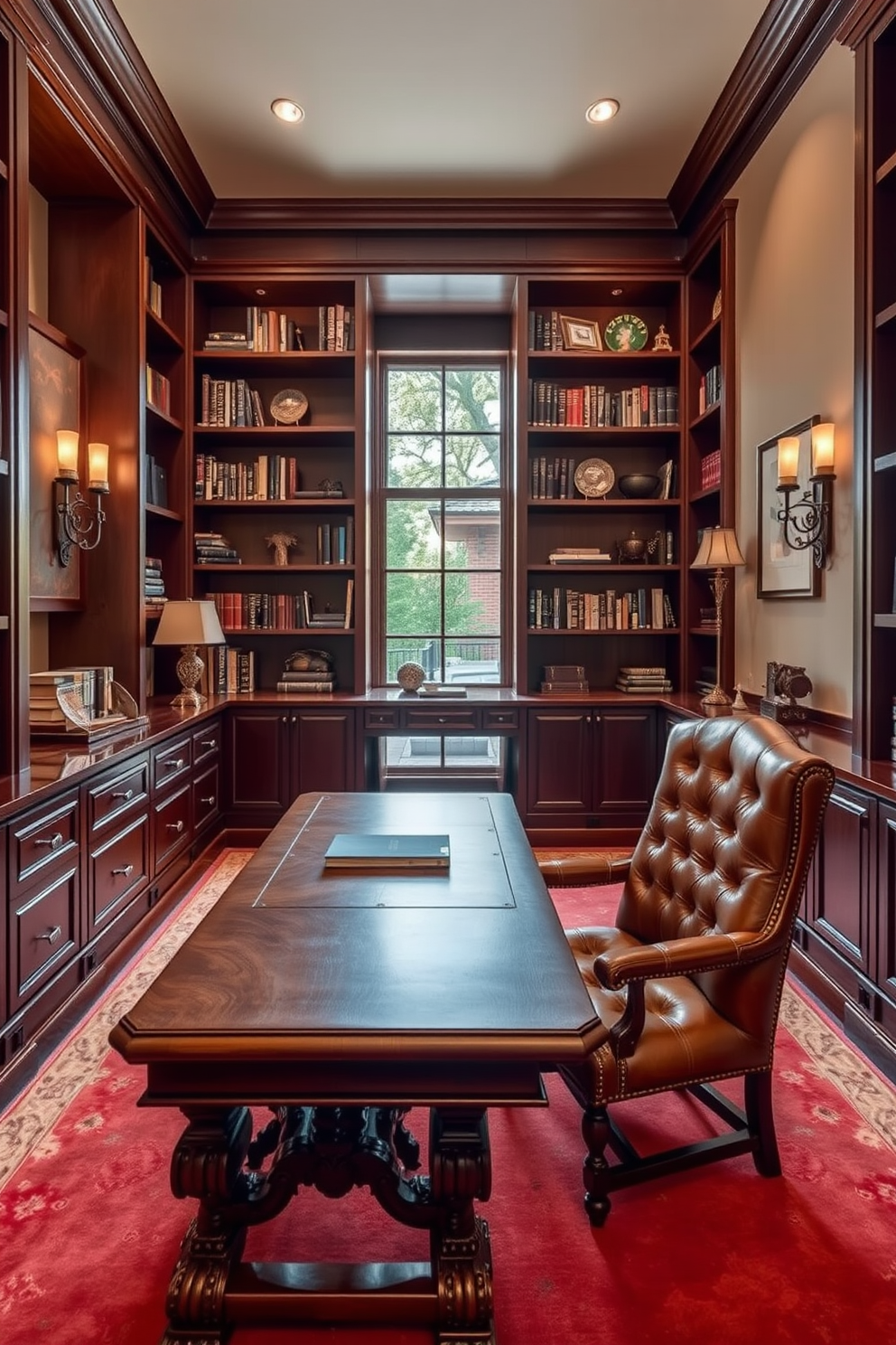 A luxury study room featuring textured wallpaper that adds visual depth to the space. The room is furnished with a sleek wooden desk, a comfortable leather chair, and built-in bookshelves filled with an array of books and decorative items.