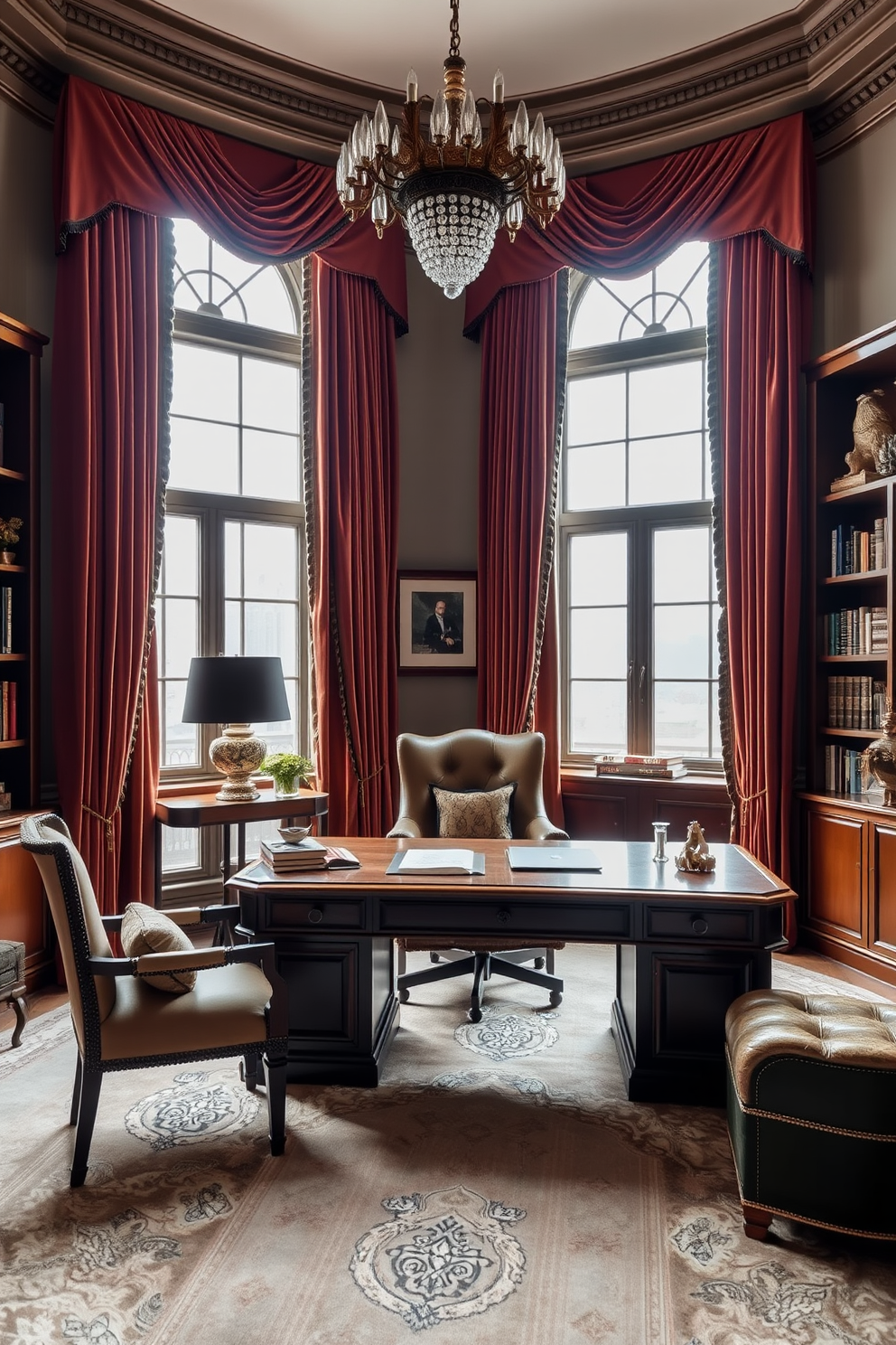 A luxury study room features layered textiles that create a rich and inviting atmosphere. Plush velvet drapes frame large windows while a soft area rug adds warmth underfoot. A grand wooden desk is complemented by a comfortable leather chair, providing an elegant workspace. Bookshelves lined with curated volumes and decorative accents enhance the sophisticated ambiance.