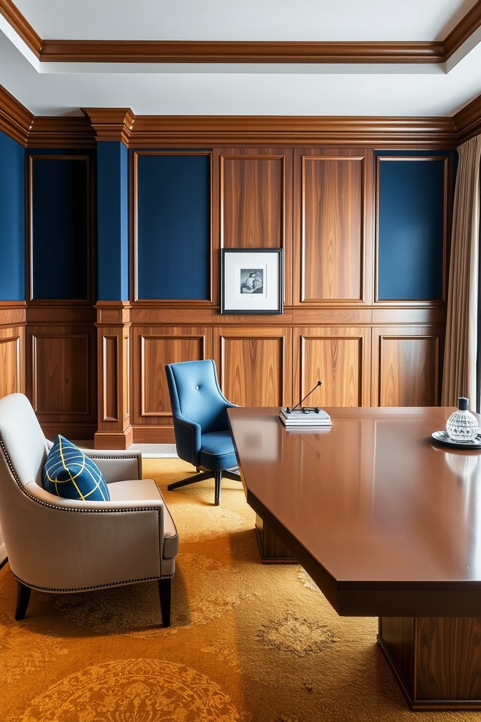 A comfortable armchair is placed in a cozy corner of the luxury study room. The armchair features soft upholstery and plush cushions, inviting relaxation during breaks. The study room is adorned with rich wooden bookshelves filled with an array of books. A stylish desk complements the armchair, providing a functional yet elegant workspace.