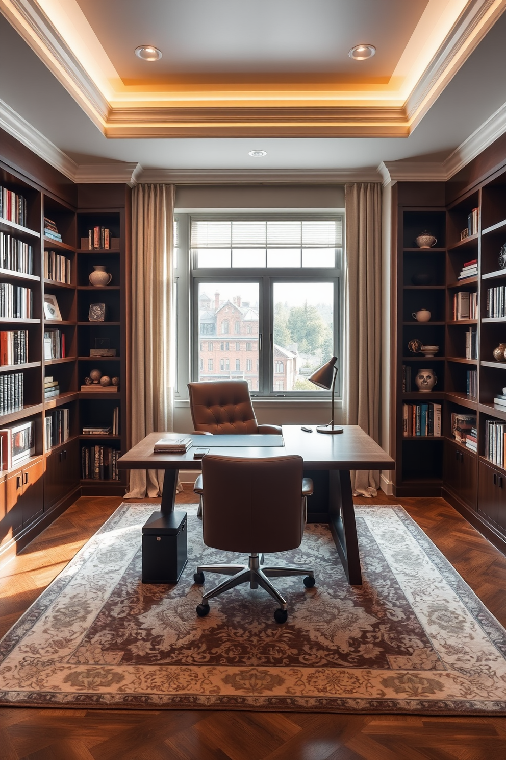 A luxury study room with a functional layout that maximizes space efficiency. The room features a sleek wooden desk positioned near a large window, allowing natural light to illuminate the workspace. Bookshelves line the walls, filled with neatly organized books and decorative items. A comfortable leather chair complements the desk, while a stylish area rug adds warmth to the space.