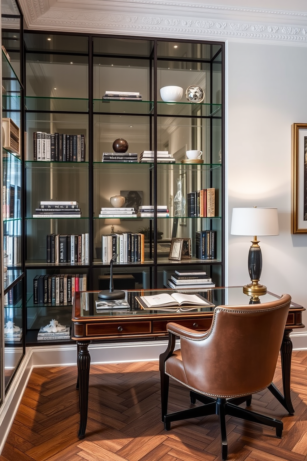 Elegant glass shelving for display. The shelves are filled with curated books and decorative objects, creating a sophisticated focal point in the room. Luxury study room design ideas. The space features a rich wooden desk paired with a plush leather chair, complemented by ambient lighting and artwork on the walls.