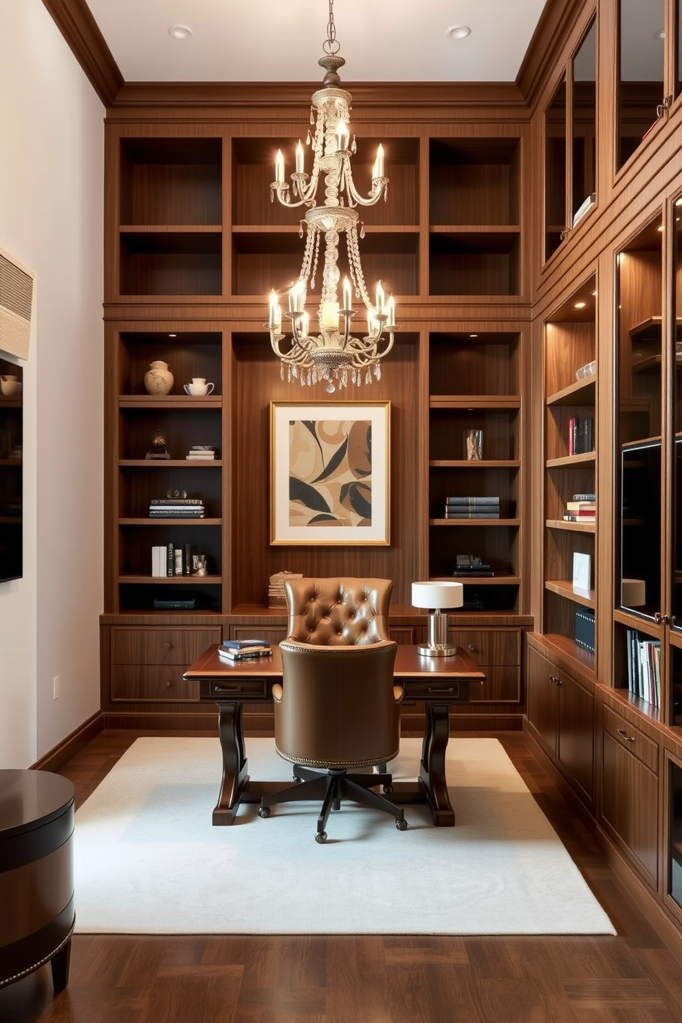 A luxury study room designed for optimal productivity features a sleek wooden desk positioned by a large window that allows natural light to flood the space. The walls are adorned with built-in shelves filled with books and decorative items, creating an inspiring atmosphere. A comfortable ergonomic chair complements the desk, while a plush area rug adds warmth to the room. Elegant lighting fixtures, such as a modern chandelier and adjustable desk lamp, provide both style and functionality.