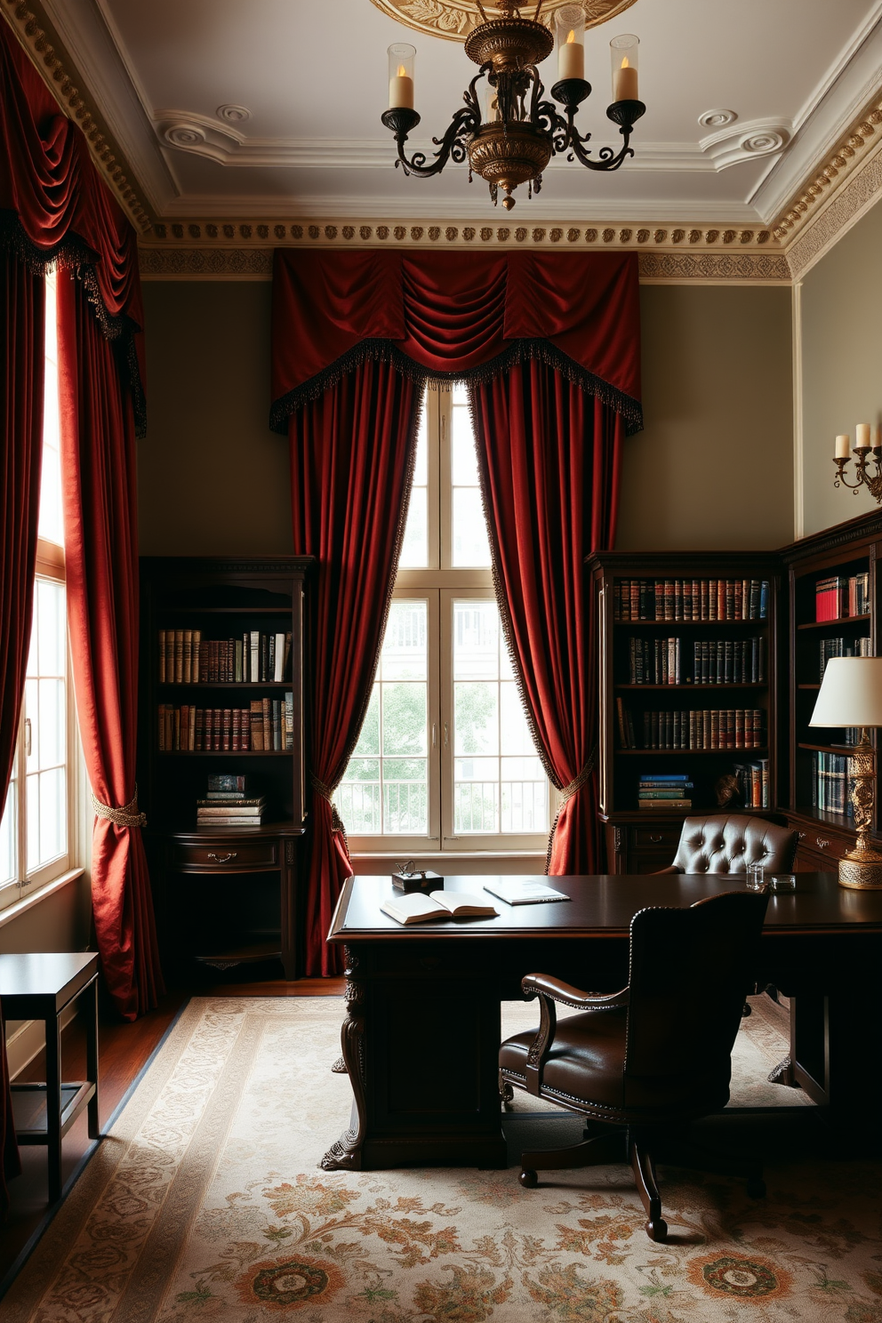 A luxury study room featuring rich velvet curtains that enhance the cozy atmosphere. The room is adorned with a large mahogany desk, complemented by an elegant leather chair and a stylish bookshelf filled with classic literature.