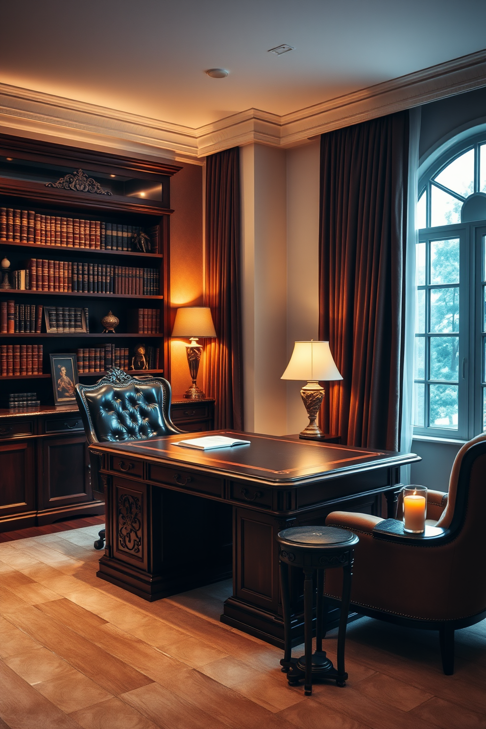 A luxury study room featuring a large mahogany desk with intricate carvings and a plush leather chair. Soft ambient lighting illuminates the space, complemented by a stylish bookshelf filled with leather-bound volumes and decorative artifacts. The room is adorned with elegant curtains that frame a large window, allowing natural light to flood in. A cozy reading nook with a comfortable armchair and a small side table holds a scented candle, creating an inviting atmosphere.