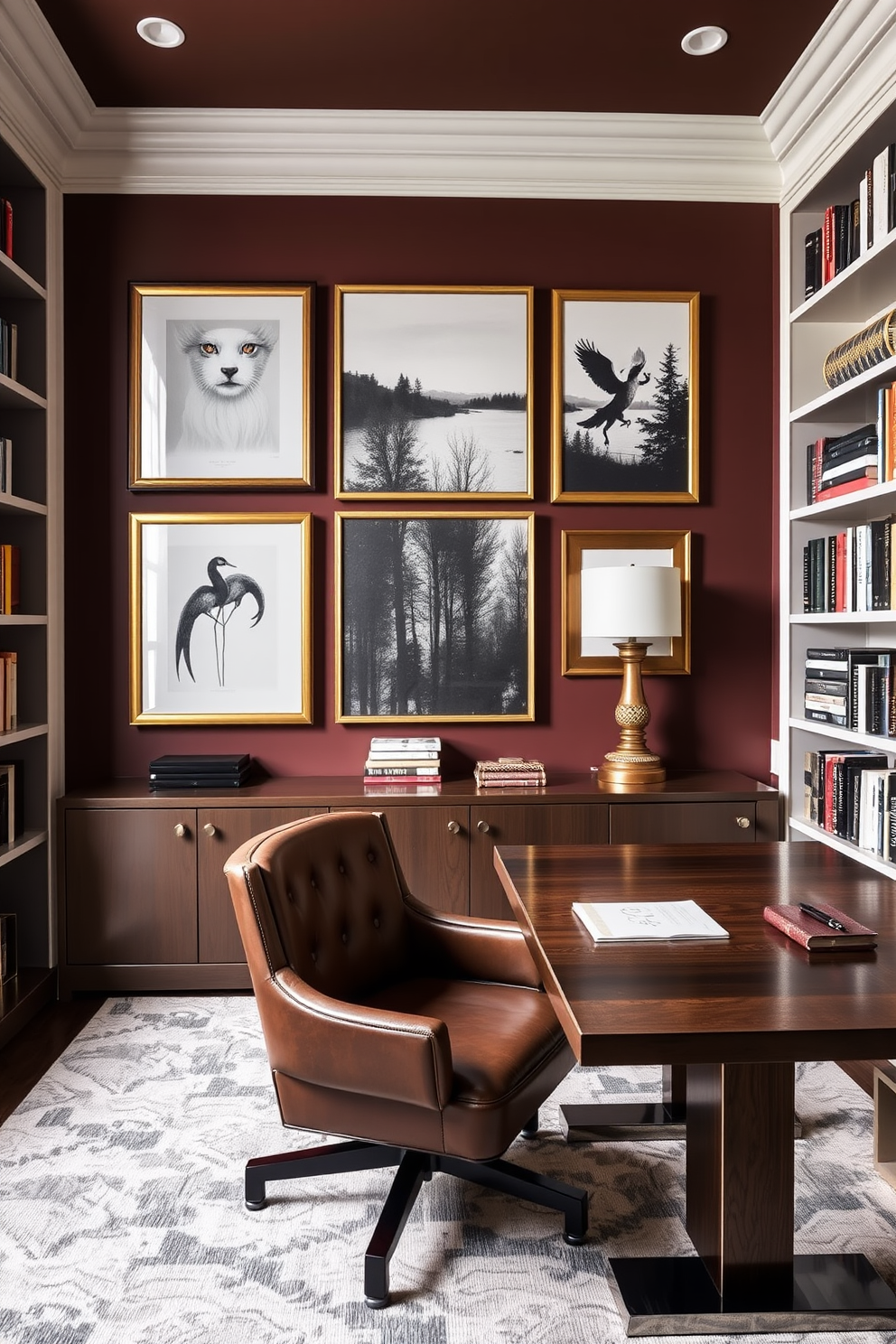 A luxury study room featuring a bold accent wall adorned with sophisticated art pieces that reflect a modern aesthetic. Elegant bookshelves line the walls, filled with curated books and decorative objects, while a plush leather chair sits at a sleek wooden desk.