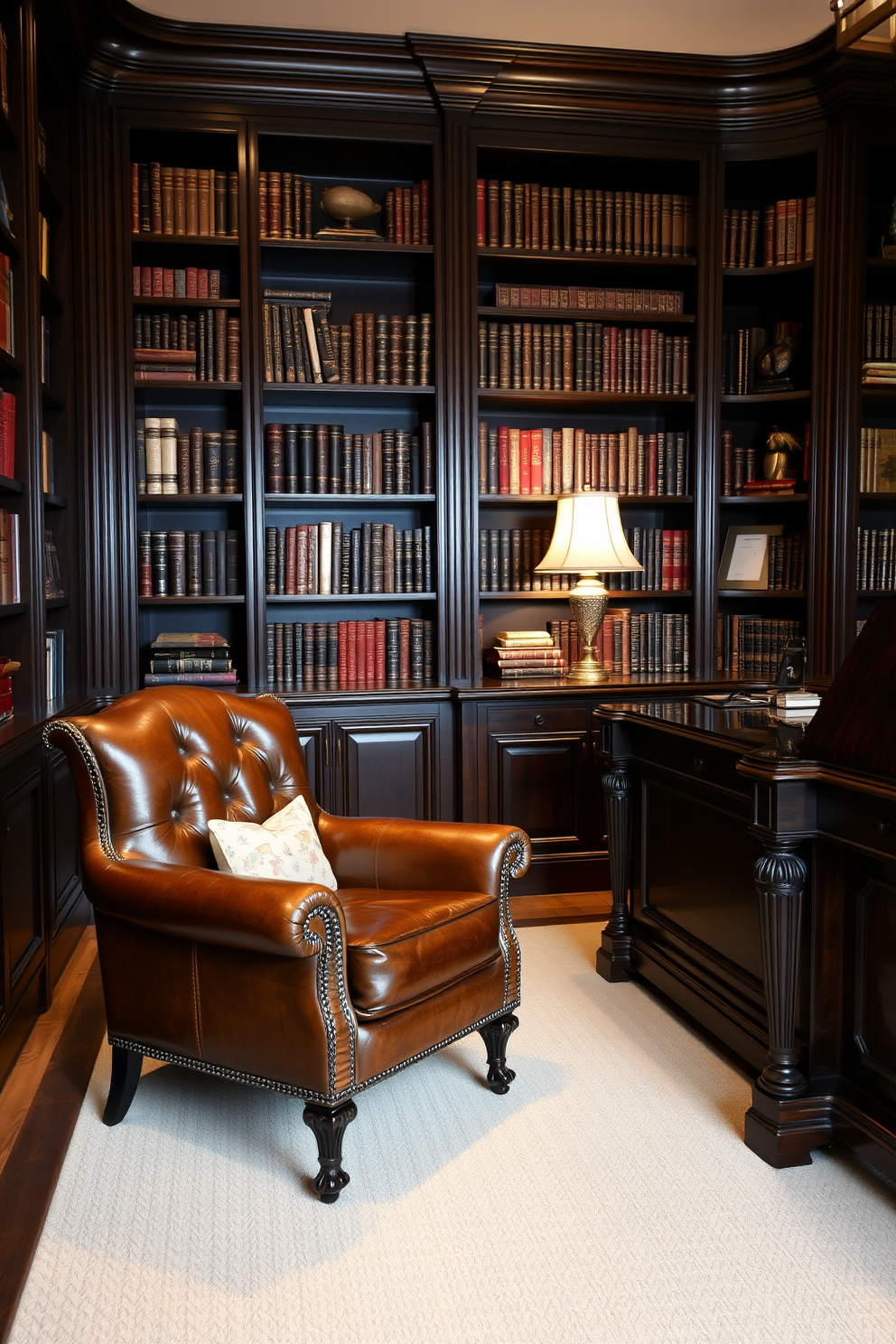 A classic leather armchair sits elegantly in the corner of a luxury study room. The rich brown leather contrasts beautifully with the dark wood bookshelves lined with an array of books and decorative items. Soft ambient lighting from a vintage-style lamp casts a warm glow over the space. A large, ornate desk made from polished mahogany complements the armchair, creating a sophisticated workspace.