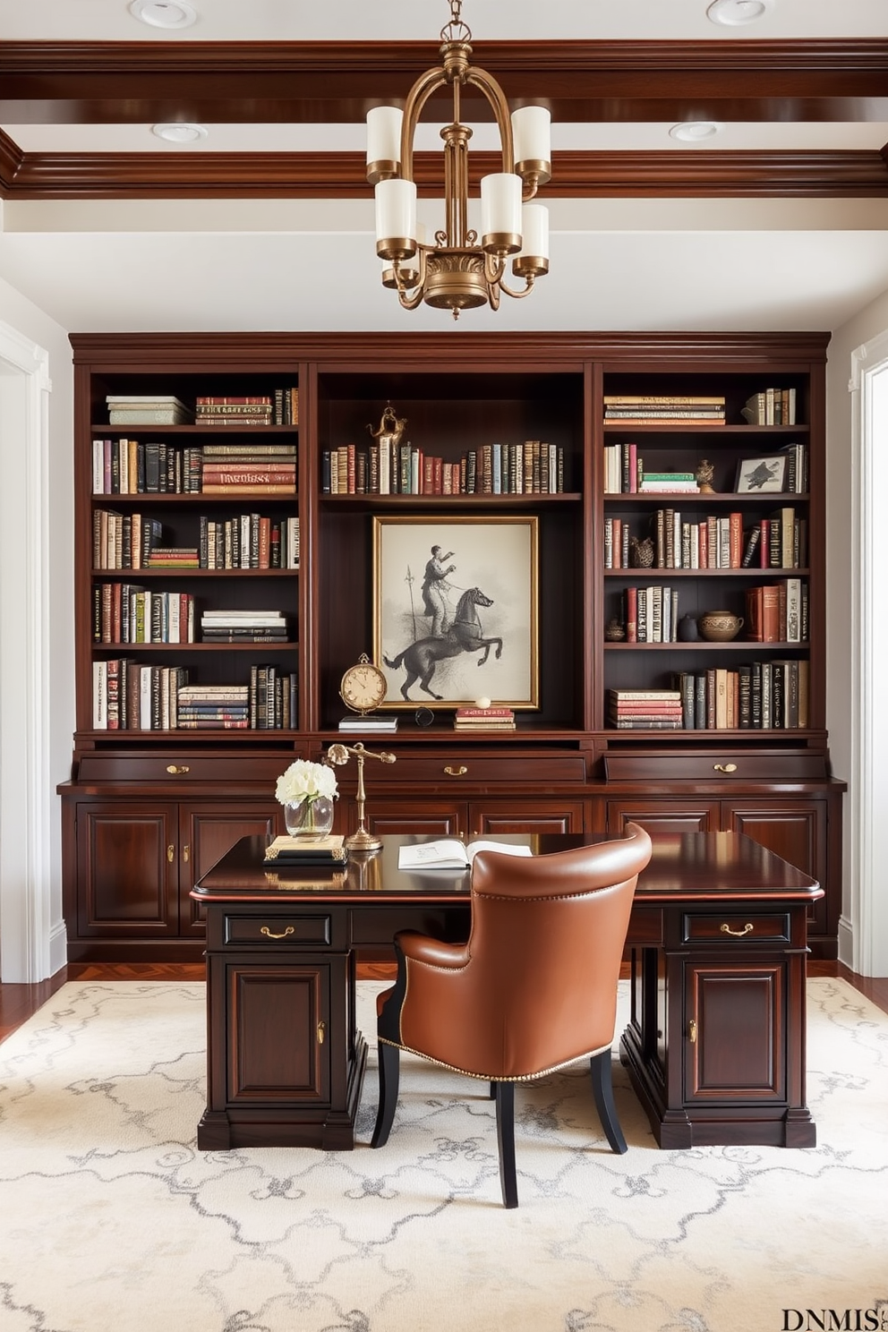 Chic built-in bookshelves for storage. The shelves are crafted from dark wood and filled with a curated collection of books and decorative items, creating a warm and inviting atmosphere. Luxury study room design ideas. The room features a spacious mahogany desk with a comfortable leather chair, complemented by elegant lighting and rich textures throughout the decor.