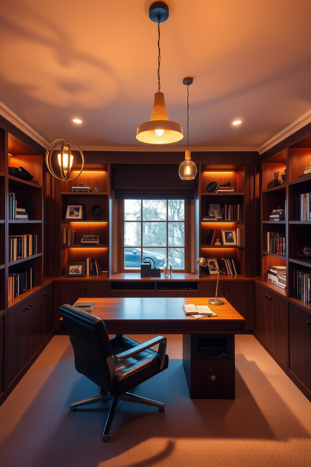 Warm ambient lighting fills the space, creating a cozy atmosphere. Stylish fixtures hang from the ceiling, casting a soft glow over the room. The study room features a sleek wooden desk paired with a comfortable leather chair. Bookshelves line the walls, showcasing a curated collection of books and decorative items.