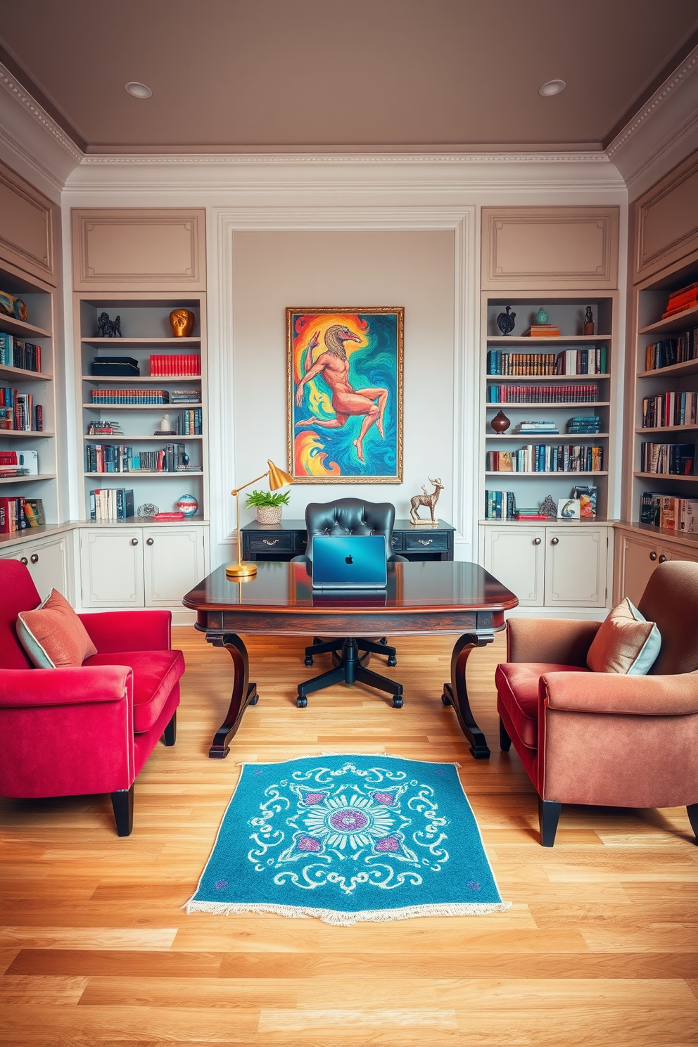 A luxury study room designed with a neutral color palette featuring soft beige walls and a warm wooden floor. A large, elegant desk made of dark mahogany sits in the center, surrounded by plush armchairs in vibrant jewel tones. On the desk, a sleek laptop is positioned next to a stylish desk lamp with a gold finish. The room is adorned with colorful artwork and decorative bookshelves filled with books and unique objects, adding personality and vibrancy to the space.