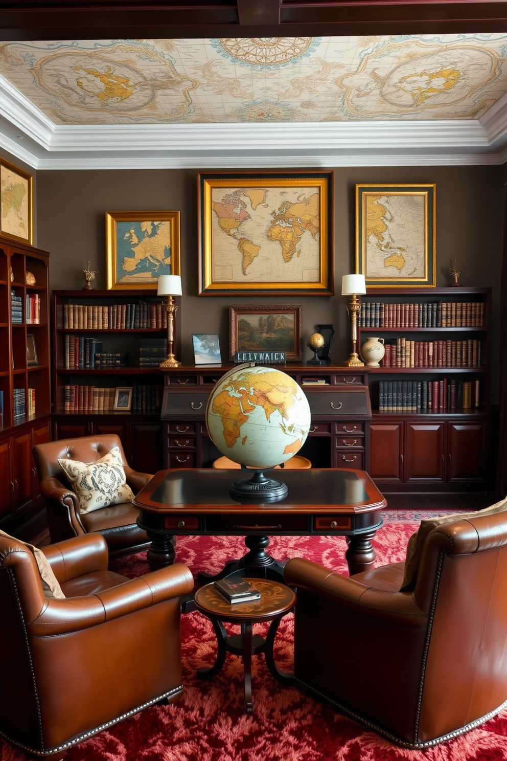 A luxurious study room featuring vintage globe and map decor accents. The walls are adorned with framed antique maps, while a large vintage globe sits on a polished mahogany desk. Rich leather armchairs provide comfortable seating, complemented by a plush area rug in deep hues. Elegant bookshelves line the walls, filled with classic literature and decorative artifacts that enhance the room's sophisticated atmosphere.