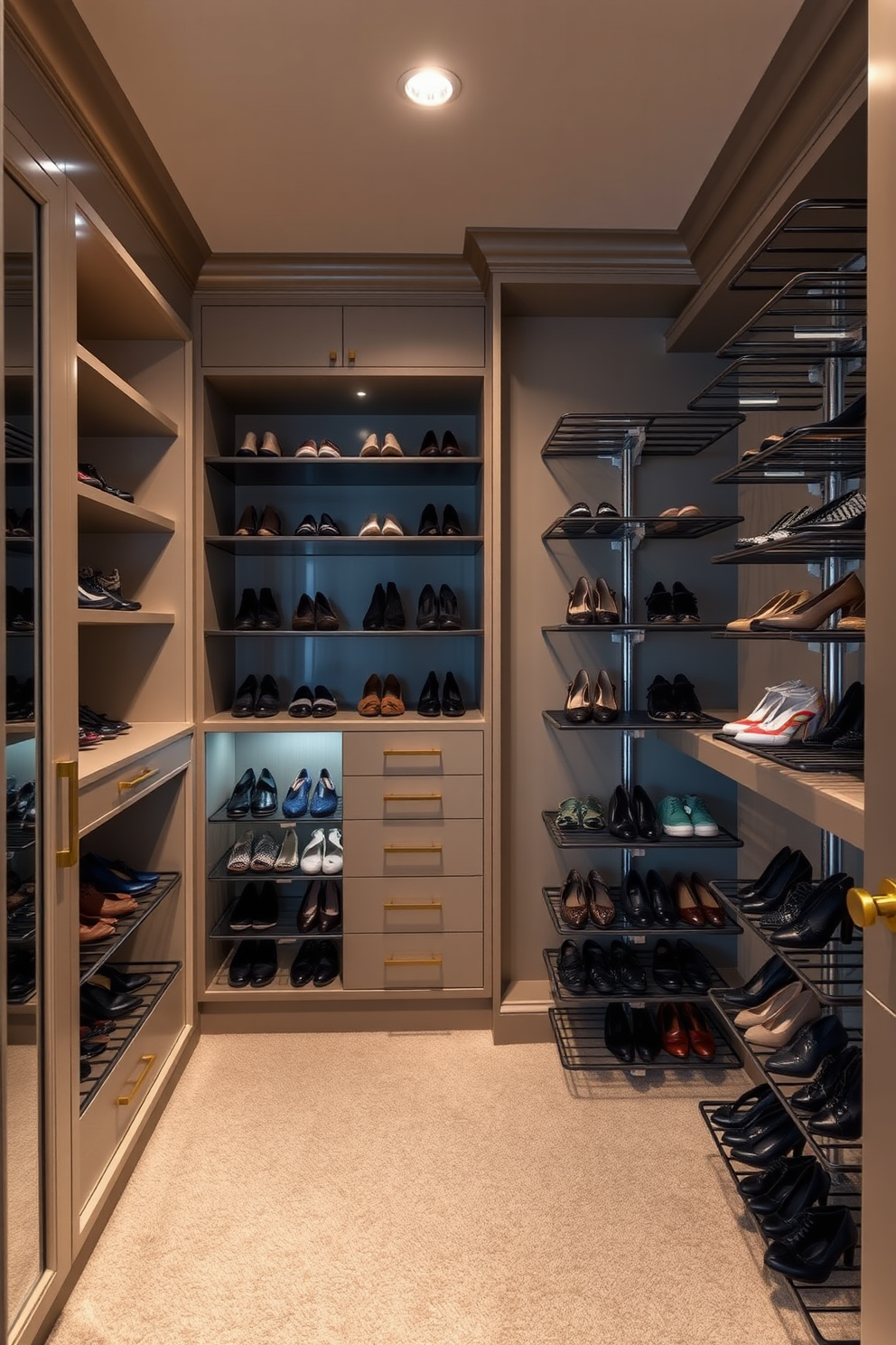 A luxury walk-in closet featuring spinning shoe racks for easy access. The space is elegantly designed with custom cabinetry, soft lighting, and plush carpeting to create a sophisticated atmosphere.