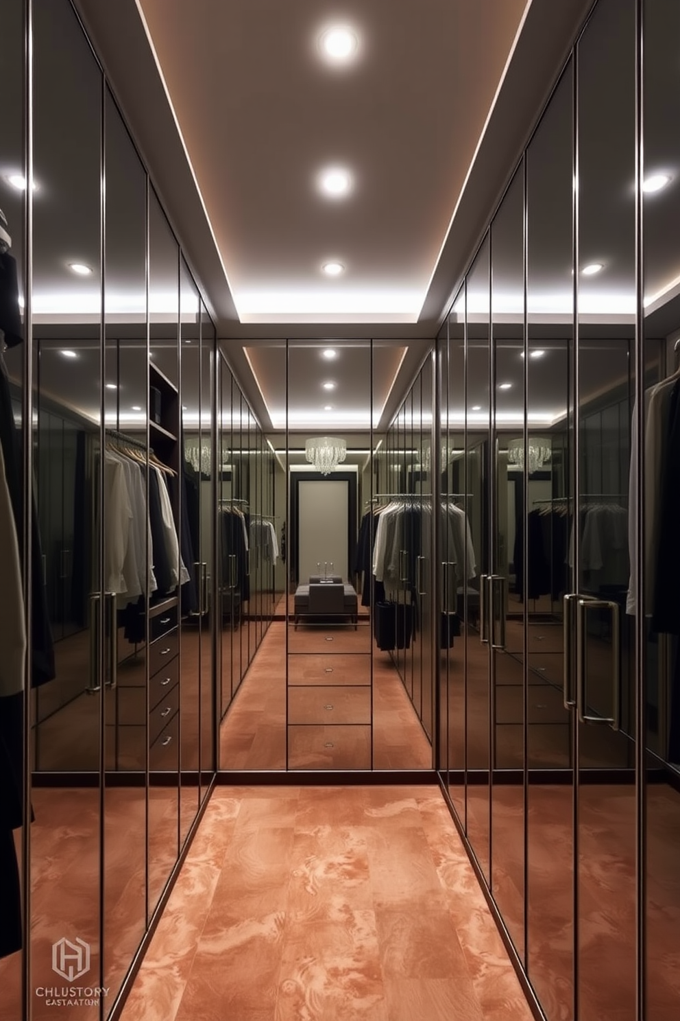 A luxurious walk-in closet featuring mirrored walls that enhance both space and light. The design includes custom shelving and hanging areas, with elegant lighting fixtures illuminating the entire space.