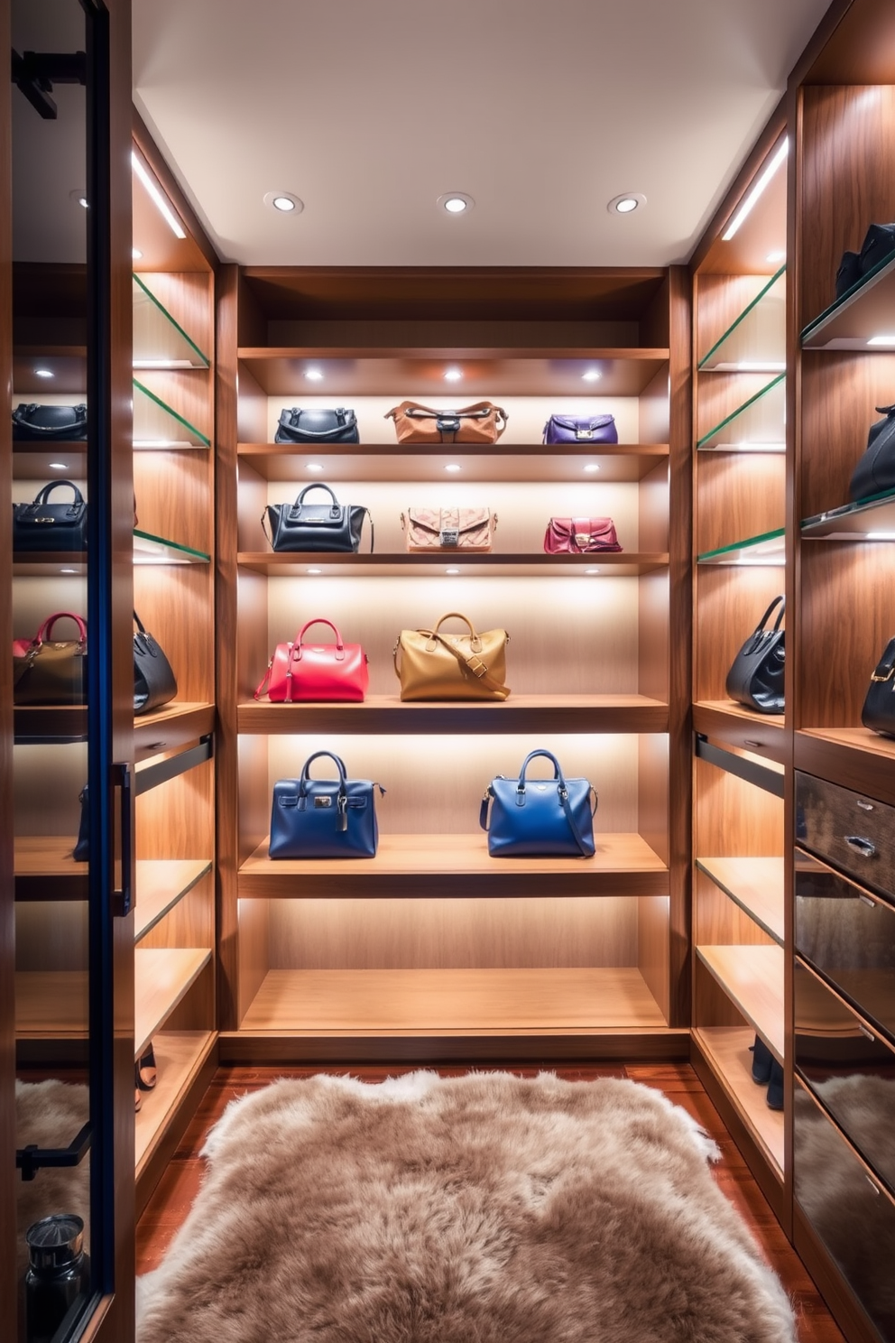 A luxury walk-in closet featuring mood lighting with dimmer switches creates an inviting atmosphere. The space is adorned with elegant shelving and hanging racks, showcasing a curated collection of designer clothing and accessories.