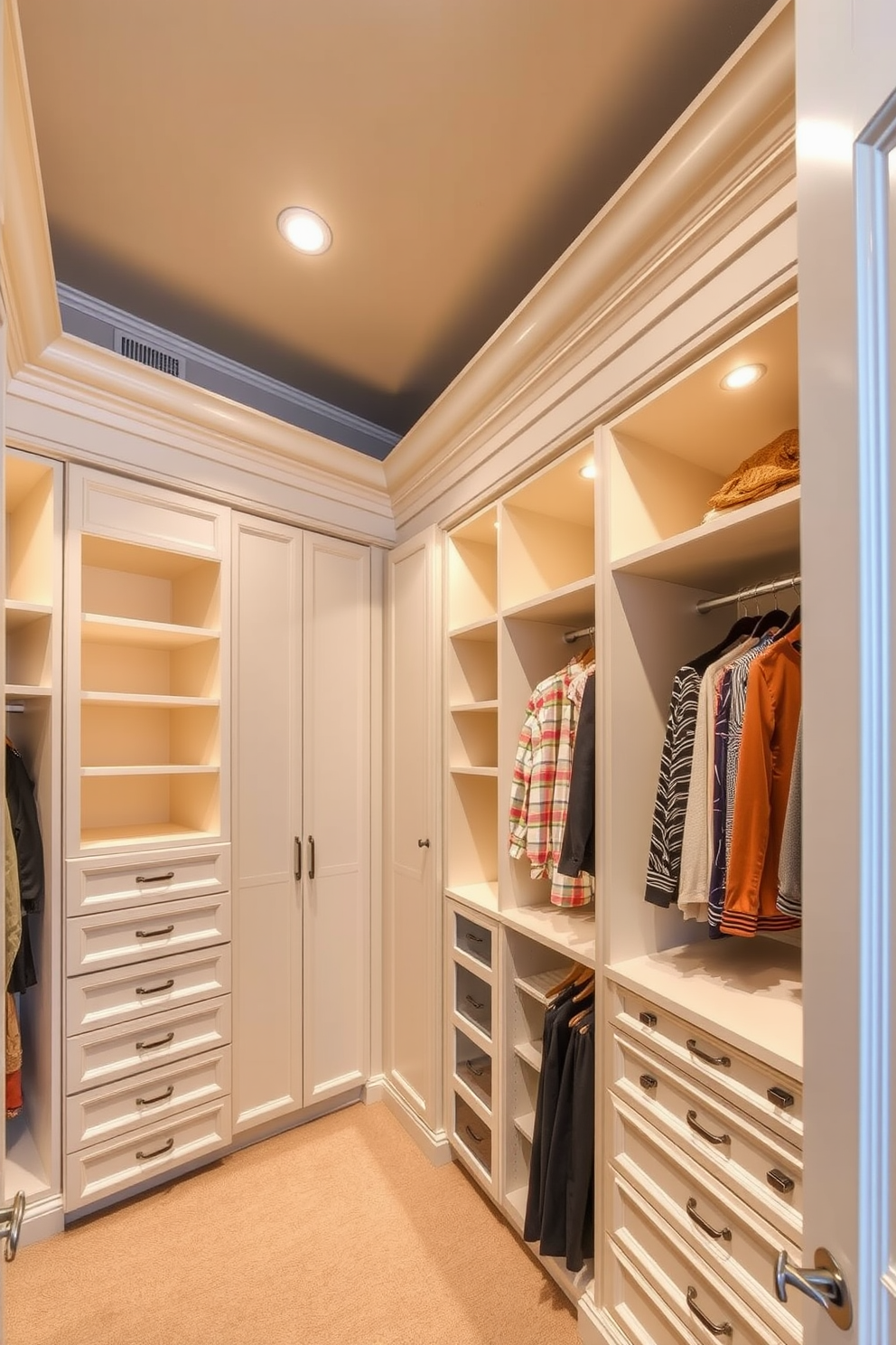 A luxurious walk-in closet features elegant crown molding along the ceiling, enhancing the sense of sophistication in the space. The closet is designed with custom cabinetry, showcasing a mix of open shelving and closed storage for a seamless organization of clothing and accessories.