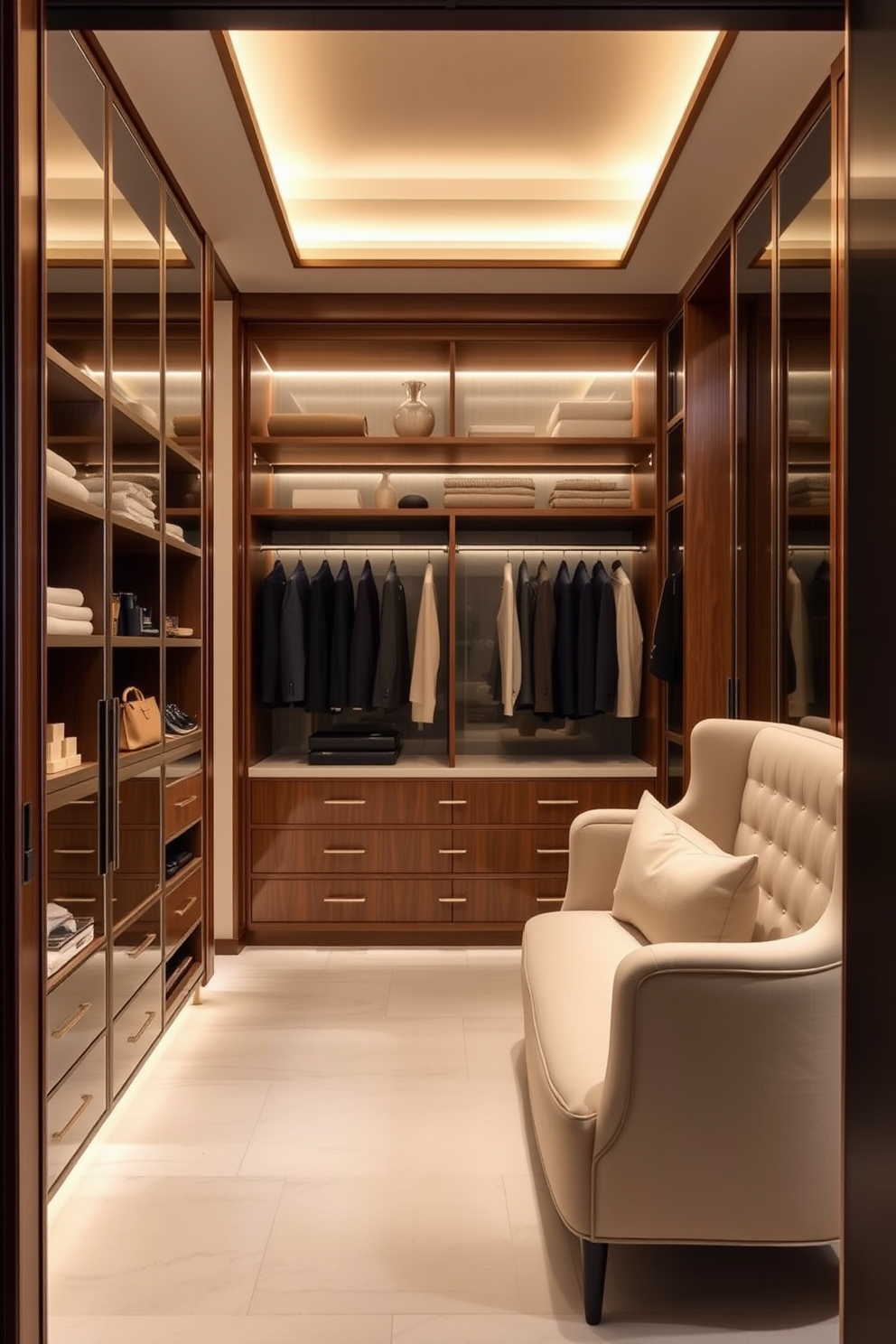 A luxury walk-in closet featuring velvet-lined drawers designed specifically for delicate items. The closet is spacious with custom shelving, elegant lighting, and a plush seating area for comfort.