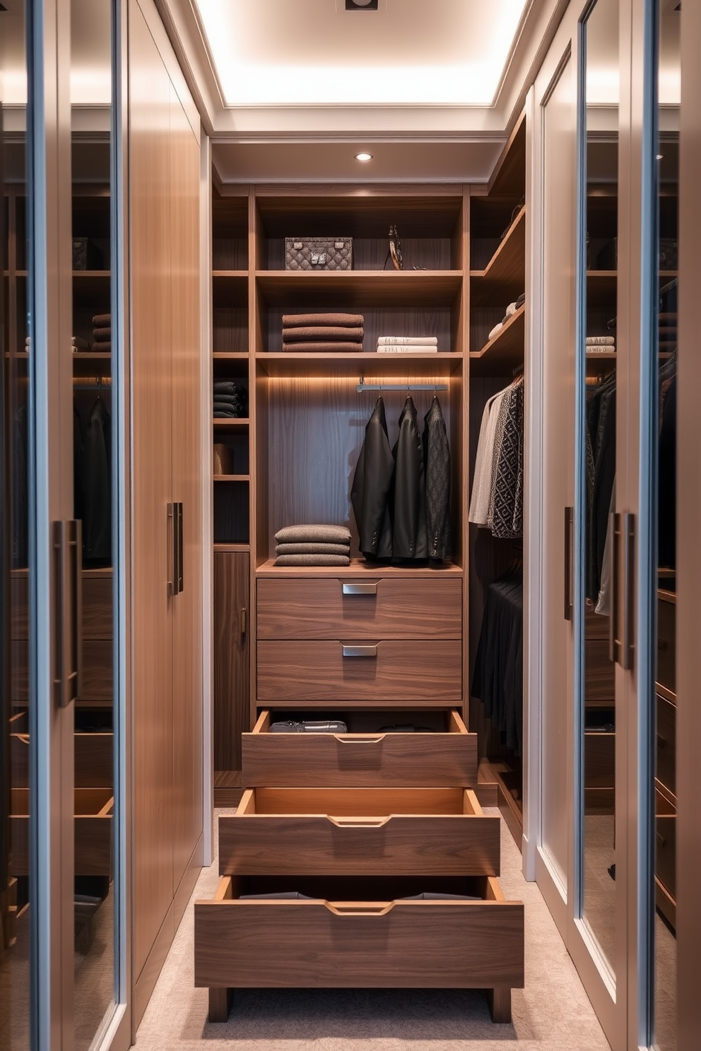 A luxury walk-in closet designed with hidden drawers for discreet storage solutions. The space features elegant shelving and hanging areas, with soft lighting illuminating the rich textures of the materials used.