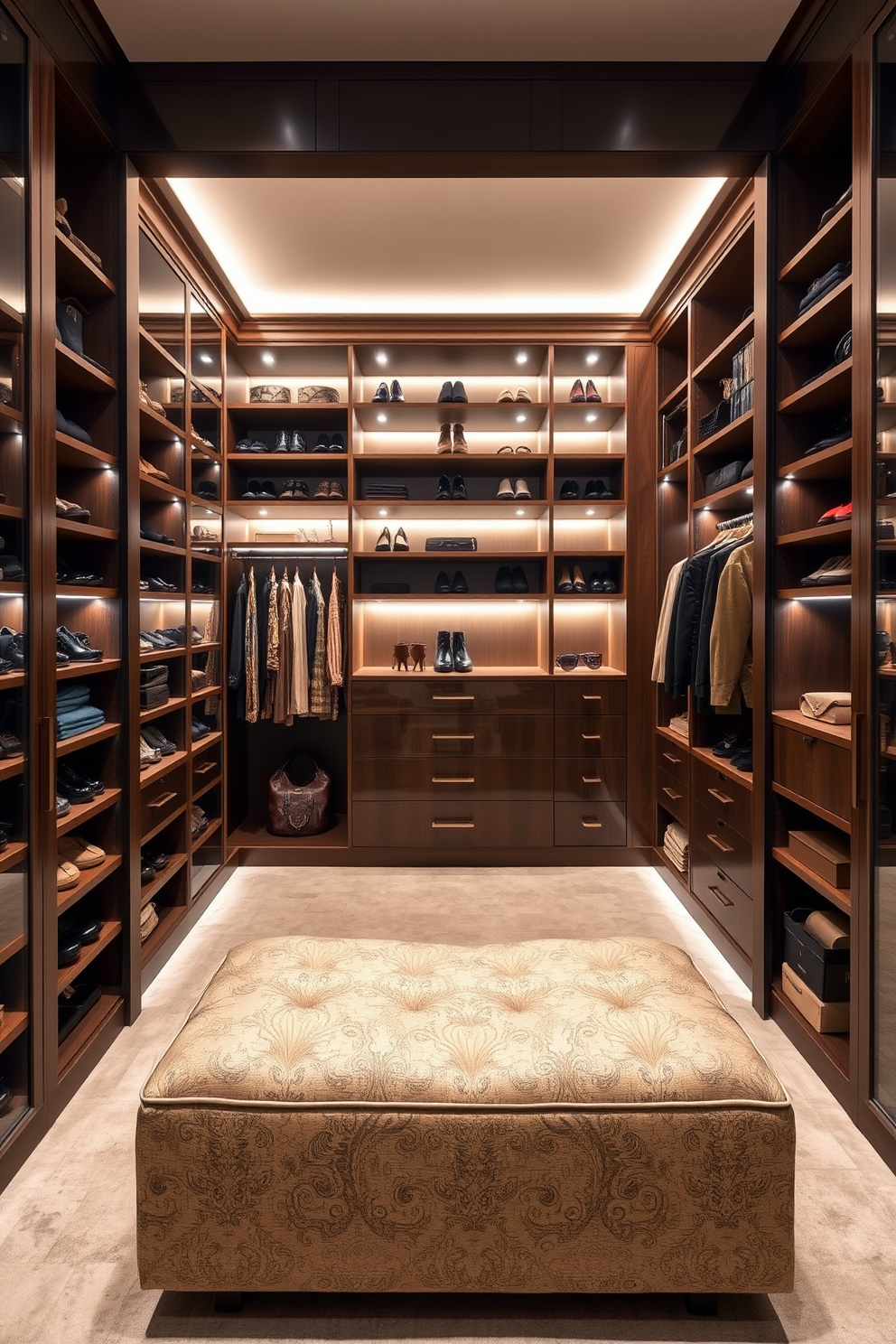 A luxurious walk-in closet featuring custom shelving and cabinetry. The space is illuminated by soft, adjustable LED lighting that highlights the curated collection of shoes and accessories. A stylish seating area with a plush ottoman invites relaxation. Rich fabrics and elegant finishes create a sophisticated atmosphere perfect for dressing or simply enjoying the space.