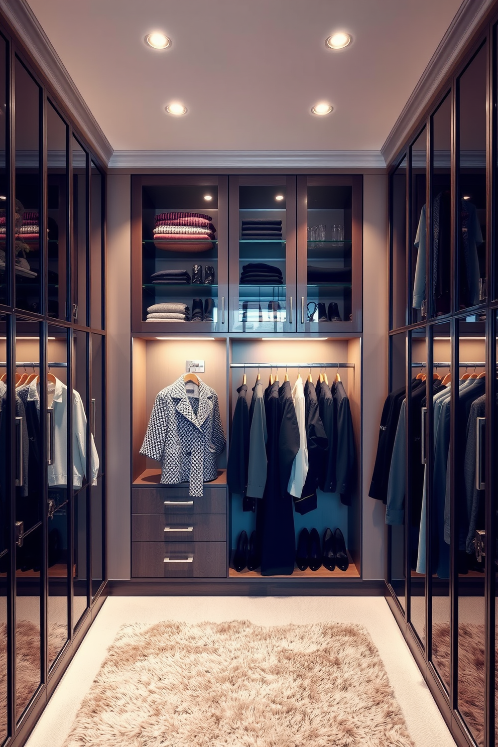 A luxurious walk-in closet featuring glass-front cabinets that showcase an organized array of stylish clothing and accessories. The space is illuminated by soft recessed lighting, creating an inviting atmosphere complemented by a plush area rug underfoot.