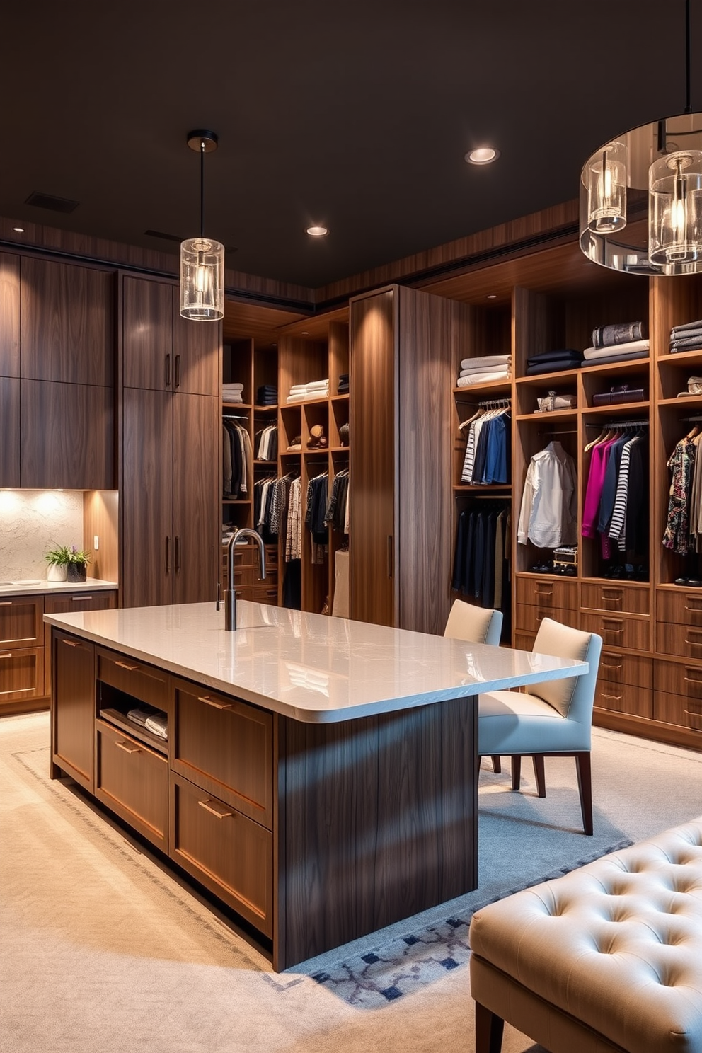 A luxury walk-in closet features elegant shelving and hanging spaces meticulously arranged to showcase designer handbags and shoes. Soft lighting highlights artful decor pieces like a large abstract painting and a stylish ottoman, adding visual interest to the sophisticated space.