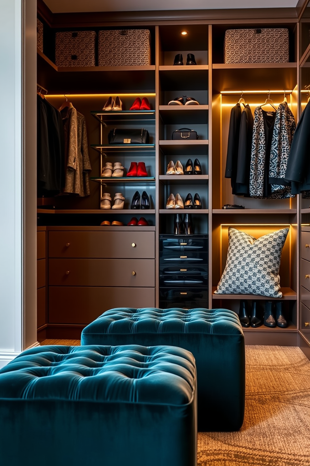 A dedicated handbag display area features custom shelving designed to showcase a variety of handbags in an organized and visually appealing manner. Soft LED lighting highlights each piece, and a plush ottoman sits in the center for comfort while selecting accessories. The luxury walk-in closet boasts spacious layout with built-in cabinetry and elegant finishes. A full-length mirror is strategically placed to enhance the sense of space, while a chic chandelier adds a touch of glamour to the overall design.