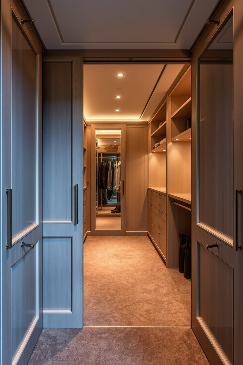 A luxury walk-in closet featuring integrated technology for modern convenience. The space includes automated lighting, a climate control system, and a touch-screen interface for managing wardrobe selections. Elegant shelving units display designer handbags and shoes, while a central island provides ample space for accessories. Soft, ambient lighting enhances the rich wood finishes and plush carpeting, creating a sophisticated atmosphere.