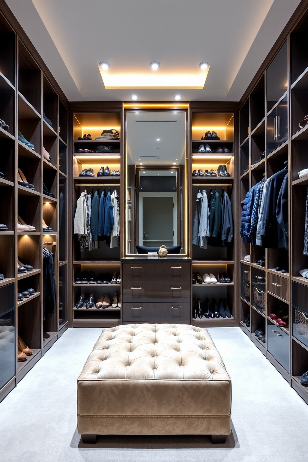 A luxurious walk-in closet featuring vertical storage solutions that maximize space. The walls are lined with custom shelving and cabinets, while a plush ottoman sits in the center for added comfort. Soft, ambient lighting highlights the organized rows of shoes and accessories. A large mirror reflects the elegance of the space, creating a sense of openness and sophistication.