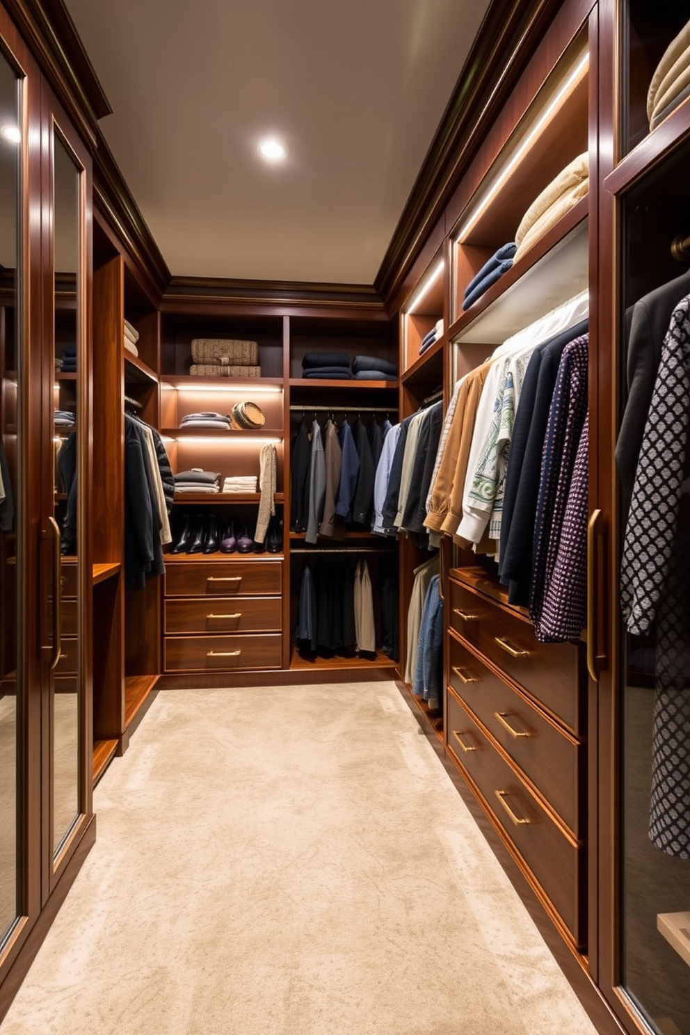 A spacious luxury walk-in closet designed for seasonal storage of off-season clothing. The closet features custom shelving and hanging space, with elegant lighting that highlights the rich wood finishes and plush carpets.