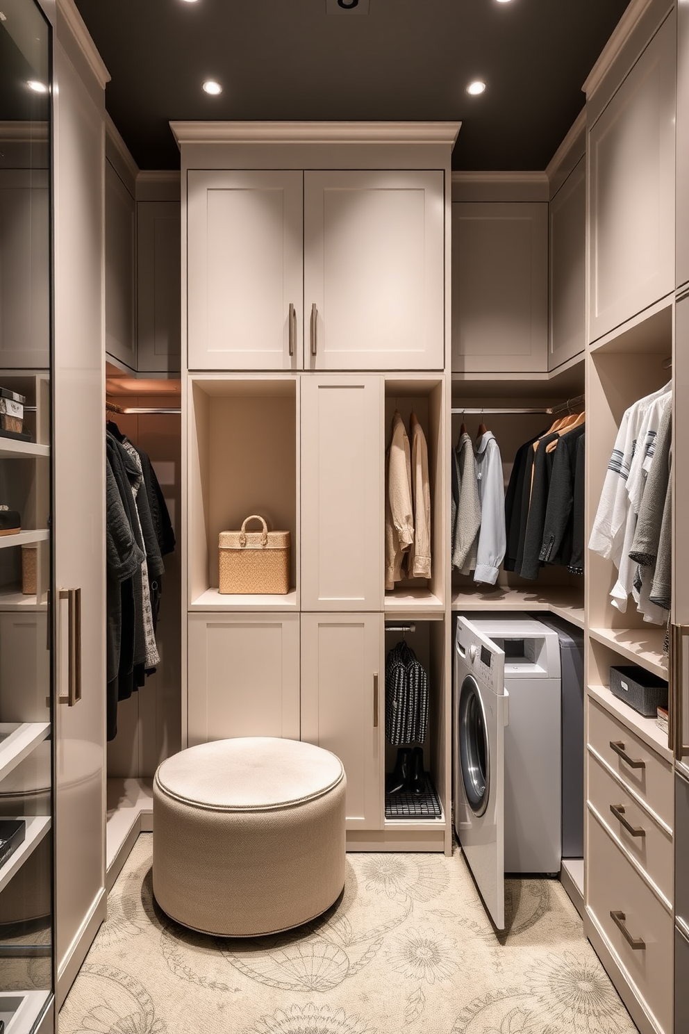 A luxury walk-in closet featuring a neutral color palette that promotes serenity. Soft beige walls are complemented by elegant wooden shelving and a plush area rug, creating a calming atmosphere.