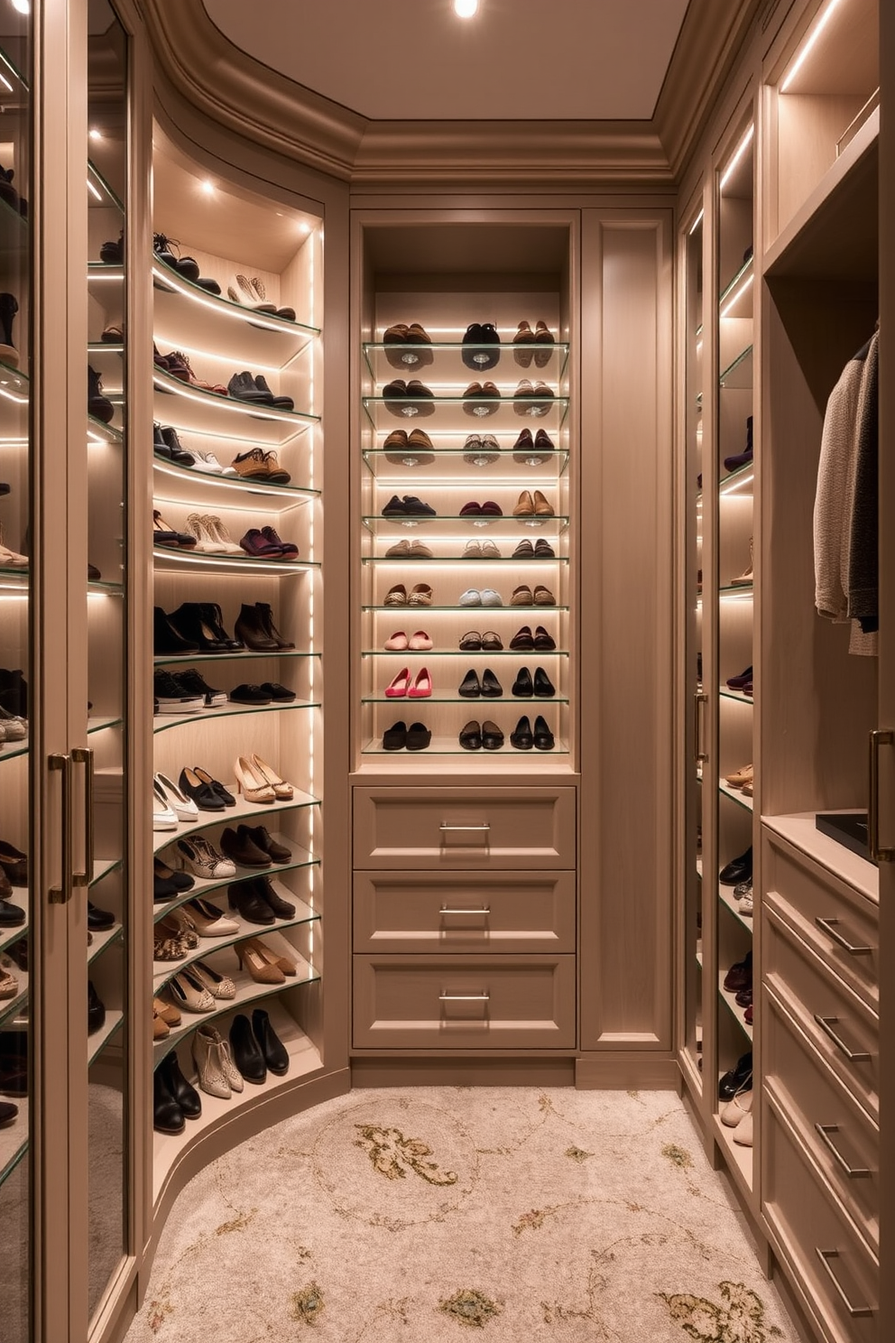 Custom shoe cabinets with adjustable shelves create a functional and stylish storage solution. The cabinets feature elegant finishes and ample lighting to showcase the collection beautifully. Luxury walk-in closet design ideas incorporate spacious layouts with dedicated zones for shoes, clothing, and accessories. Soft lighting, plush carpets, and high-end materials enhance the overall opulence of the space.