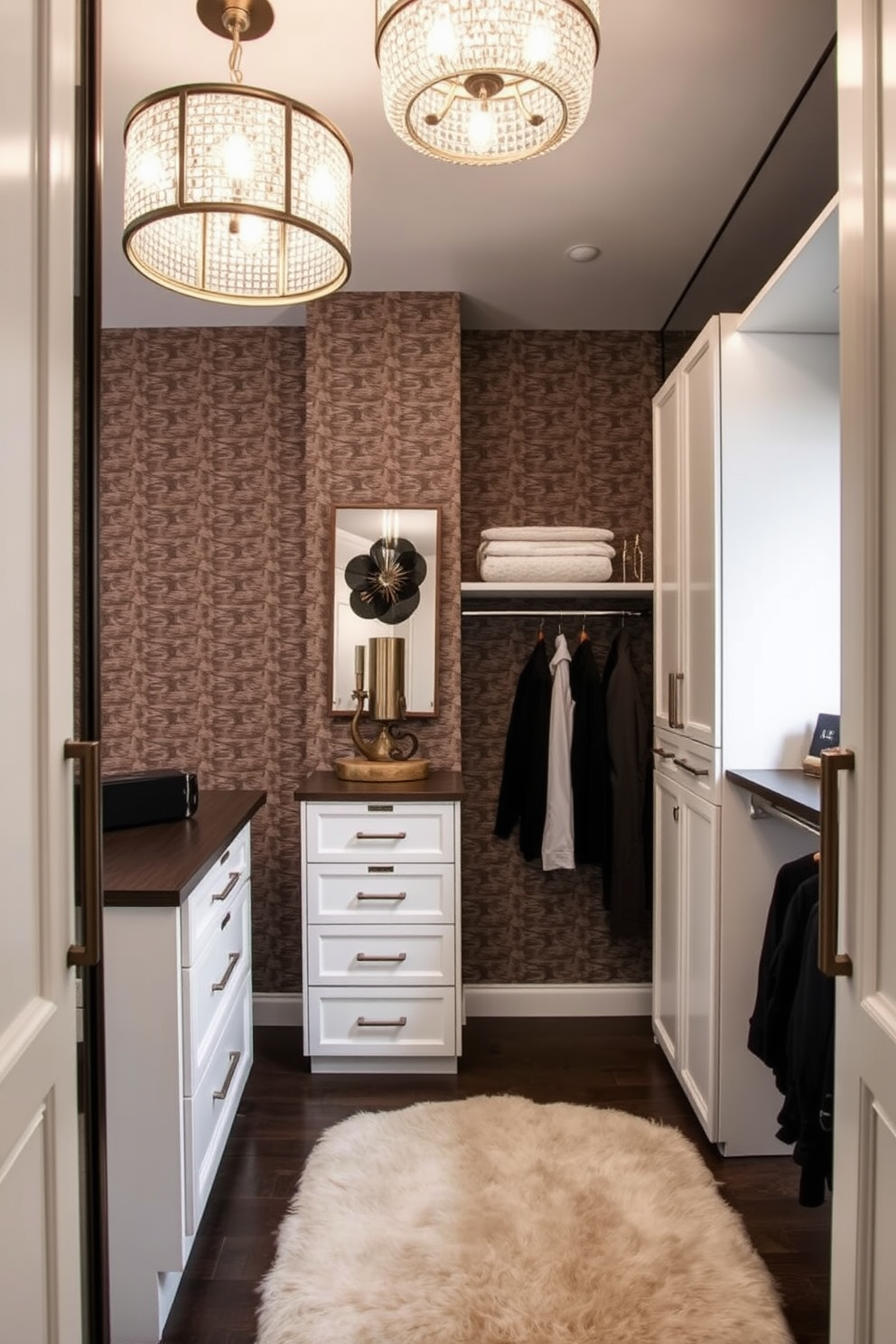 A luxury walk-in closet featuring textured wallpaper that adds depth and sophistication to the space. The design includes custom shelving and cabinetry, with a plush area rug underfoot and elegant lighting fixtures illuminating the room.