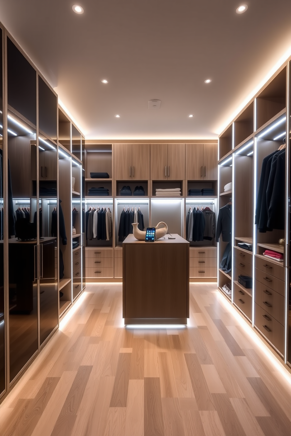 A sleek and modern walk-in closet featuring smart home technology for enhanced convenience. The space includes automated lighting, climate control, and a digital inventory system seamlessly integrated into elegant cabinetry. The design showcases floor-to-ceiling shelves with a mix of open and closed storage solutions. Soft LED strip lights illuminate the space, highlighting a central island with a plush seating area for a luxurious touch.