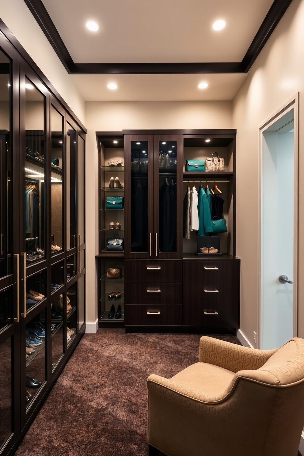 A luxury walk-in closet features sleek dark wood cabinetry that contrasts beautifully with soft beige walls. Elegant lighting fixtures illuminate the space, highlighting the rich textures of the plush carpet and the organized display of designer shoes and handbags. Accent colors like deep emerald green and gold accents are strategically placed throughout the closet to create a striking contrast. A comfortable seating area with a chic upholstered chair invites relaxation while selecting the perfect outfit.