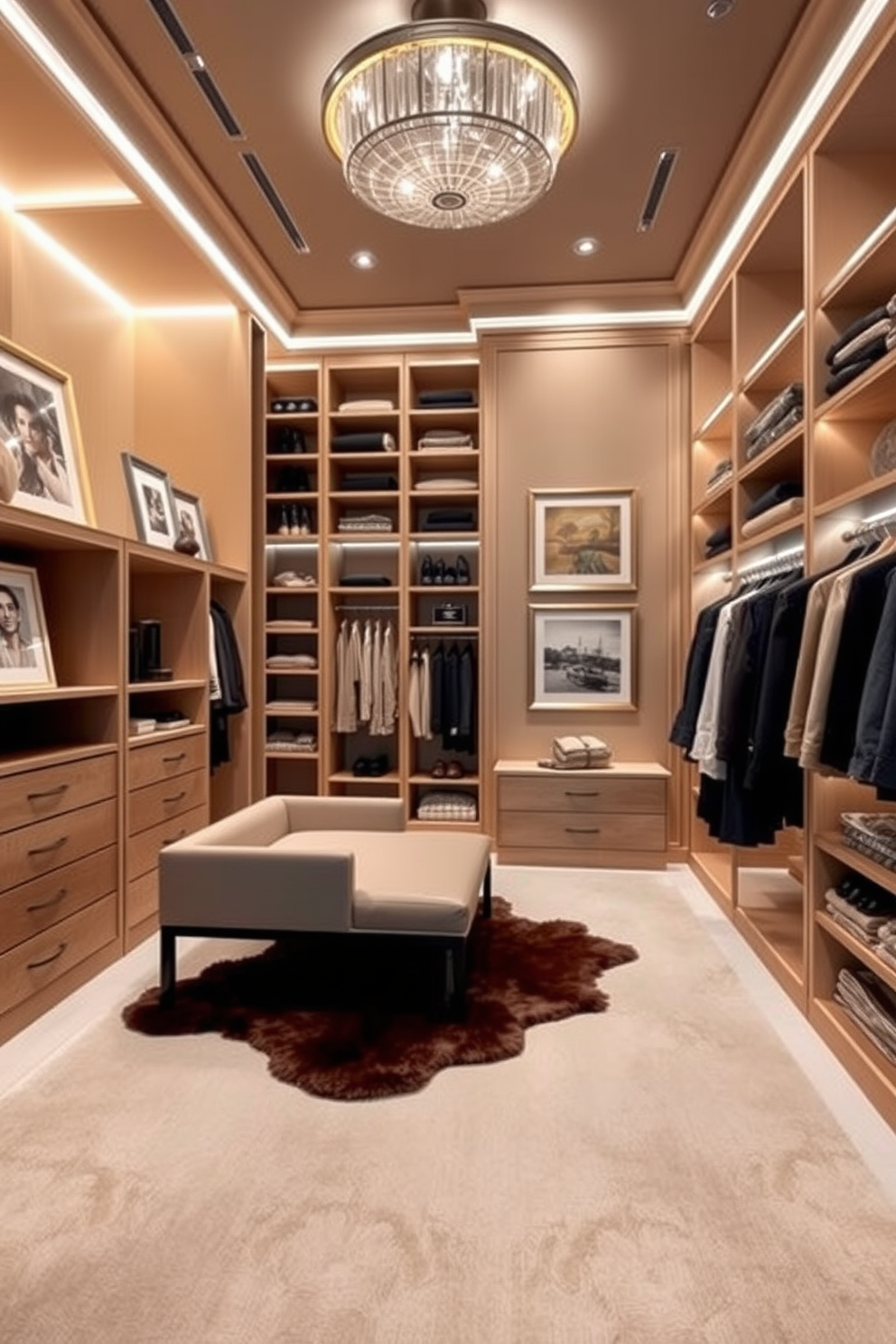 A luxurious walk-in closet featuring custom cabinetry with ample storage space. Elegant lighting fixtures illuminate the area, highlighting the plush carpet and stylish accessories on display. Incorporate a built-in ironing station seamlessly integrated into the design. This convenient feature allows for easy access while maintaining the overall aesthetic of the closet.