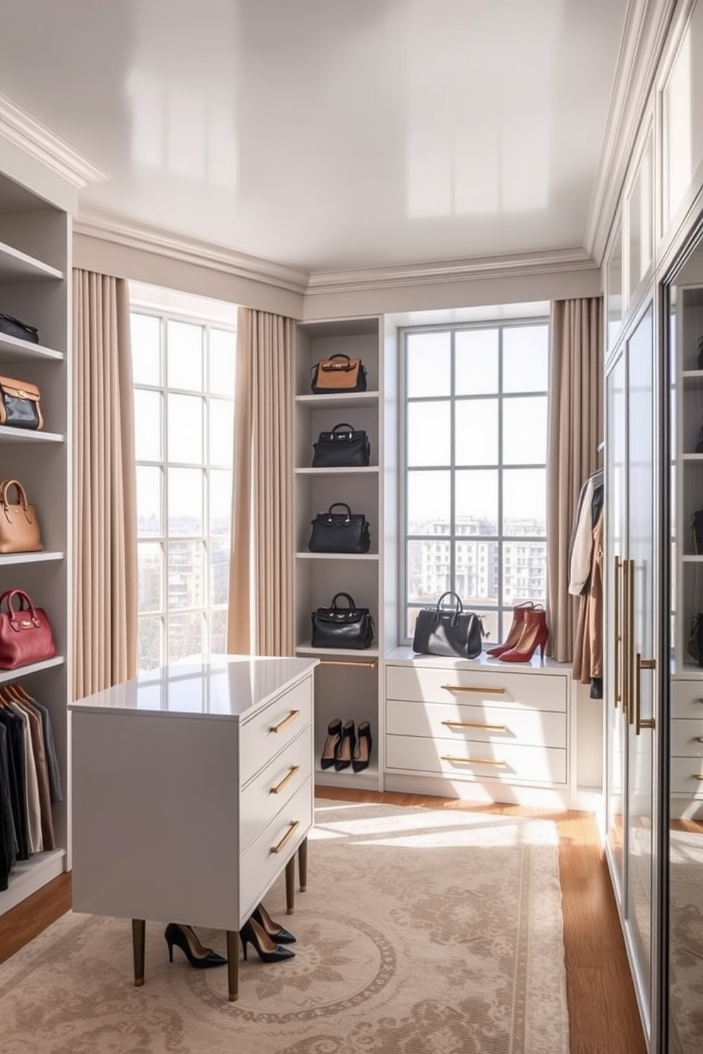 A luxurious walk-in closet with floor-to-ceiling windows that flood the space with natural light. The closet features custom shelving and hanging space, elegantly organized with designer handbags and shoes on display.