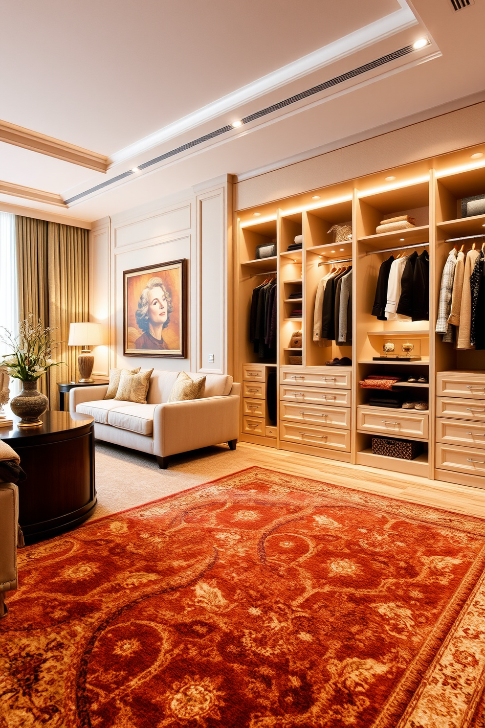 A luxury walk-in closet featuring custom cabinetry and elegant lighting. The space is adorned with personalized artwork that reflects the owner's unique style and taste.