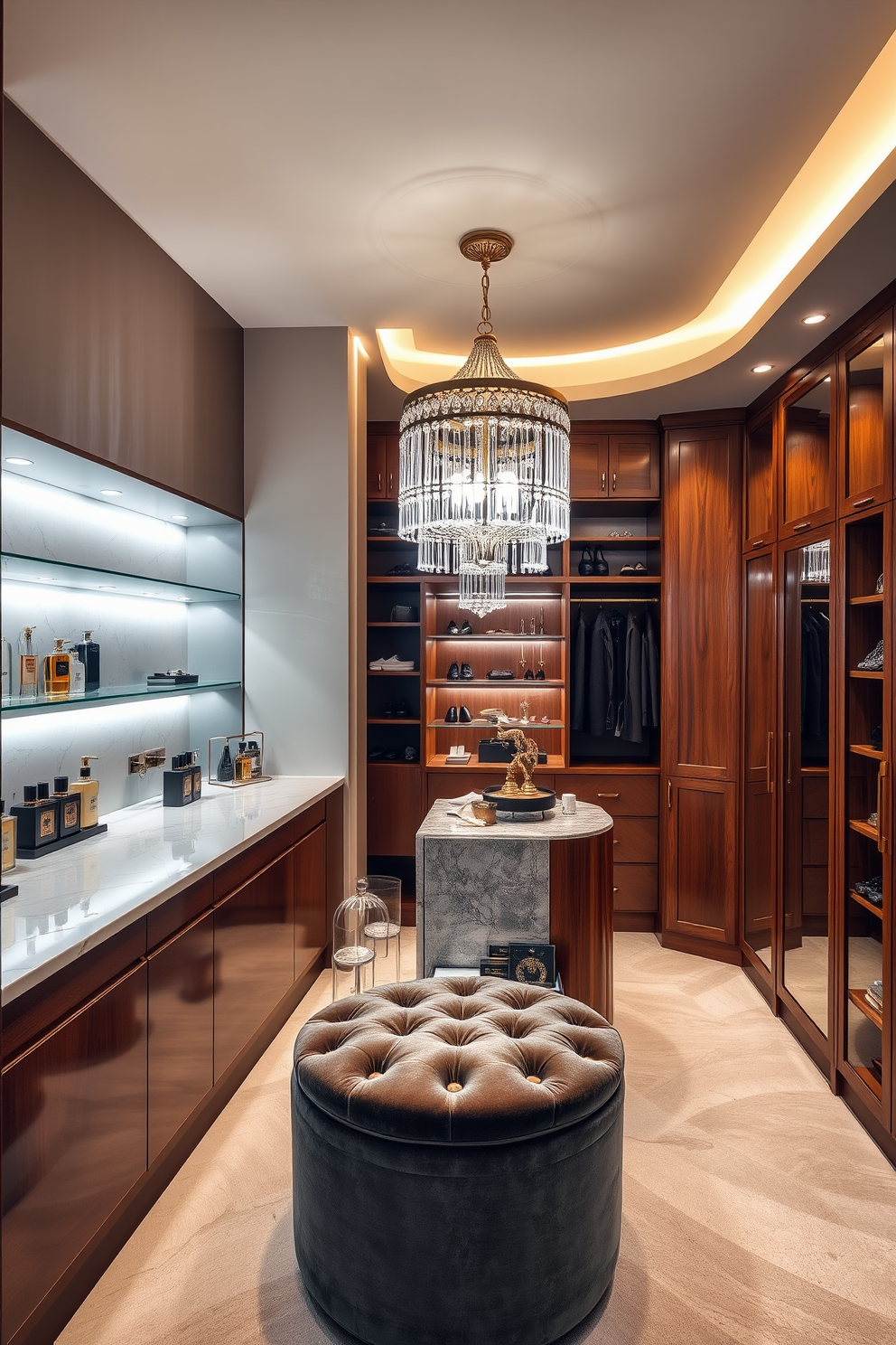 A luxury walk-in closet designed for elegance and functionality features custom shelving and hanging space for clothing. Soft lighting illuminates the area, highlighting a plush seating area in the center, creating a serene and inviting atmosphere. Scented candles are strategically placed throughout the closet to enhance the calming ambiance. The warm glow of the candles complements the rich textures of the fabrics and finishes, creating a perfect retreat for relaxation and organization.