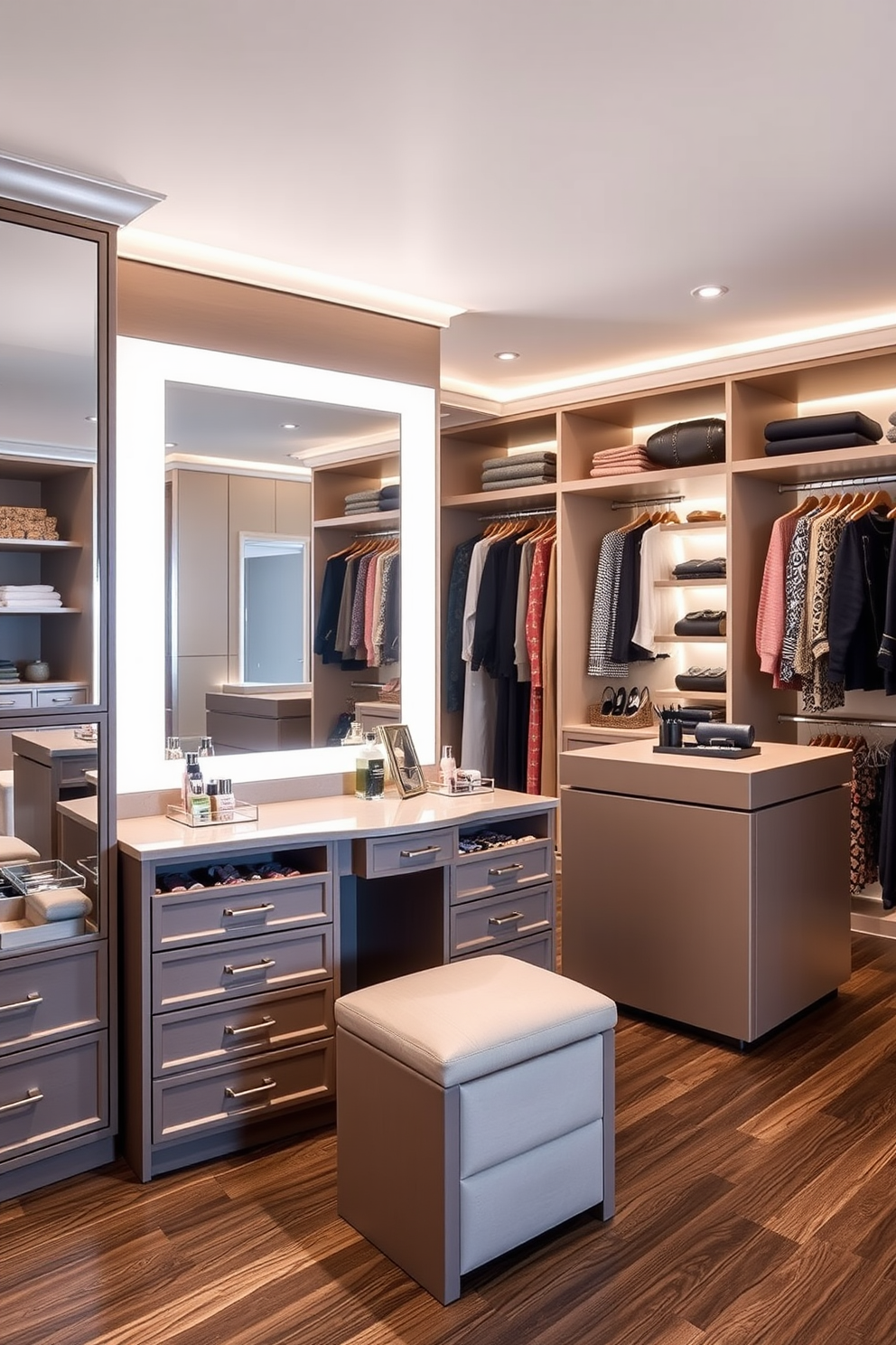 A luxury walk-in closet features open shelving for easy access to shoes and accessories. The space is elegantly designed with soft lighting, rich wooden finishes, and plush carpeting for a sophisticated touch.