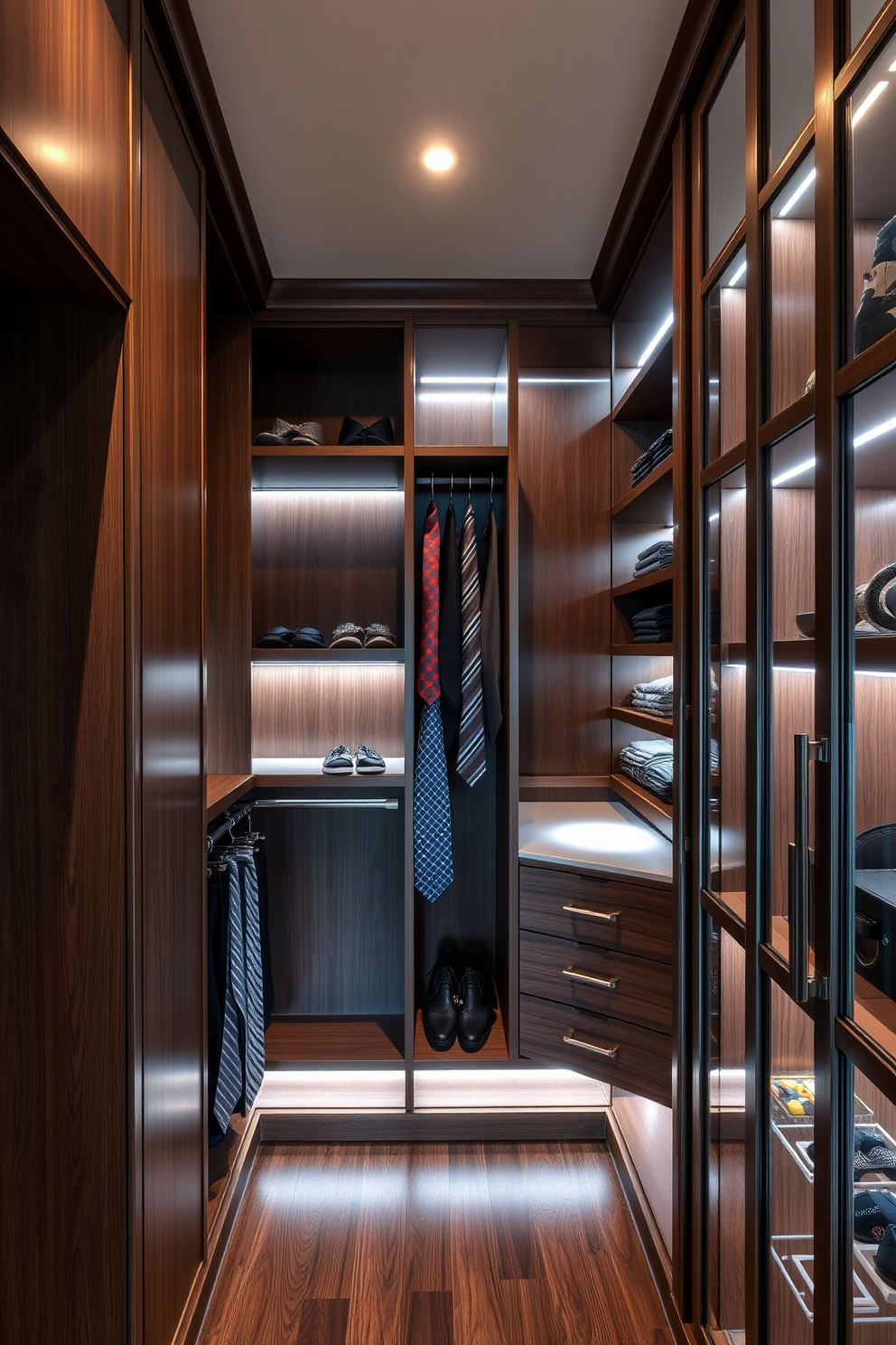 A luxurious walk-in closet featuring a color-coordinated clothing display. The walls are adorned with soft beige tones, while elegant lighting highlights the organized rows of garments in varying shades. Sleek wooden shelves showcase designer handbags and accessories, adding a touch of sophistication. A plush rug lies beneath a stylish ottoman, providing a comfortable seating area for dressing.