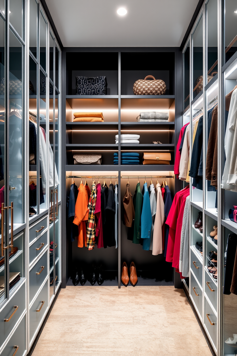 A luxury walk-in closet designed for visual appeal features color-coordinated clothing arranged by hue and style. The space is illuminated by soft lighting that highlights the elegant shelving and displays, creating a sophisticated and organized environment.