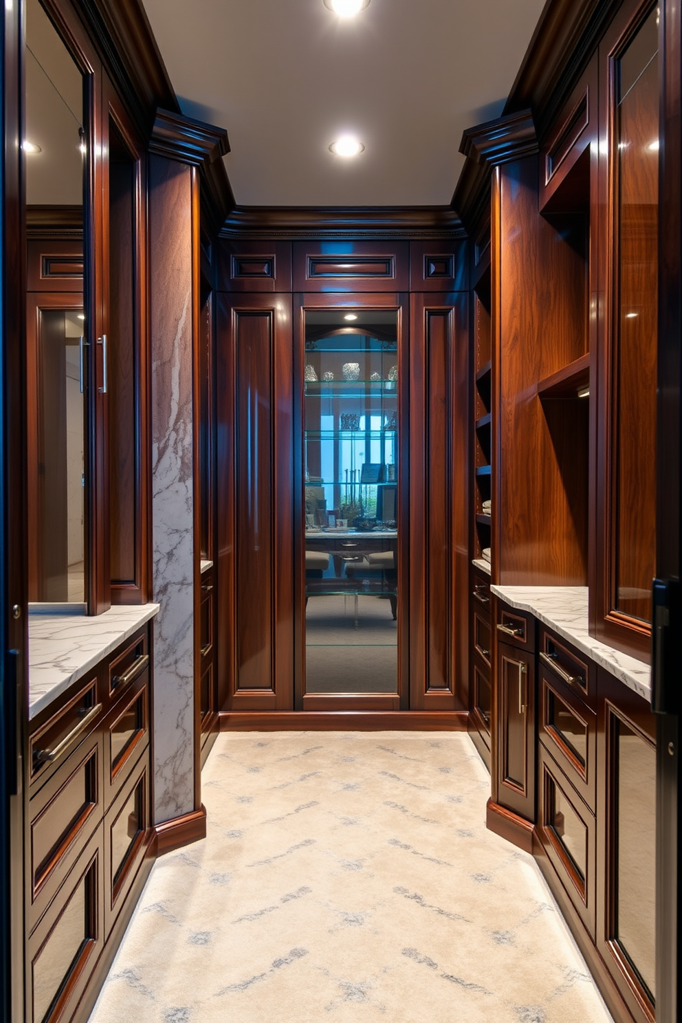 A luxurious walk-in closet featuring rich wooden cabinetry with elegant marble accents. Soft ambient lighting highlights the spacious layout, showcasing organized shelves and plush carpeting underfoot.