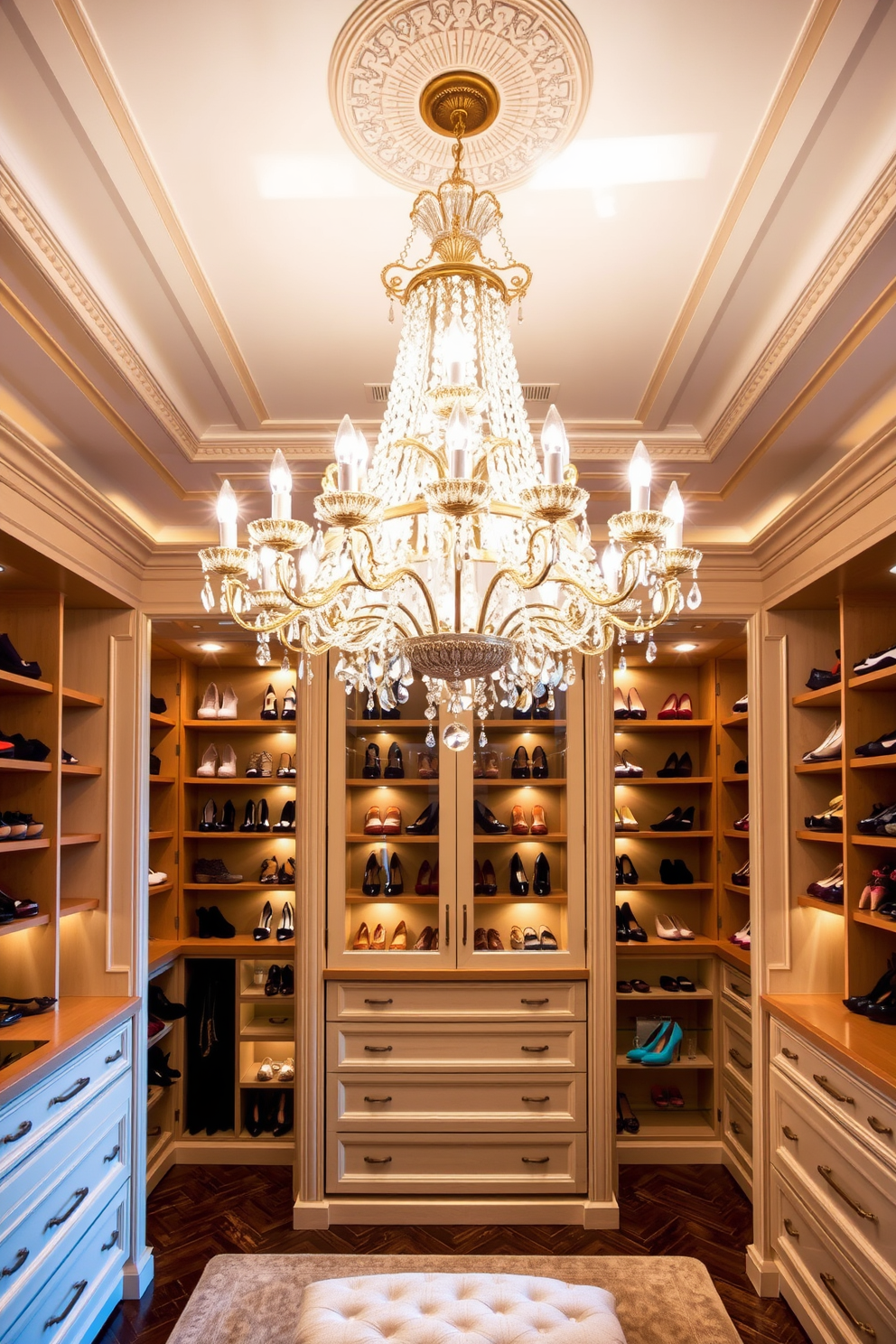 A luxury walk-in closet features mirrored walls that create an illusion of spaciousness and elegance. The design includes ample shelving and hanging space, complemented by soft lighting that highlights the rich textures of the materials used.