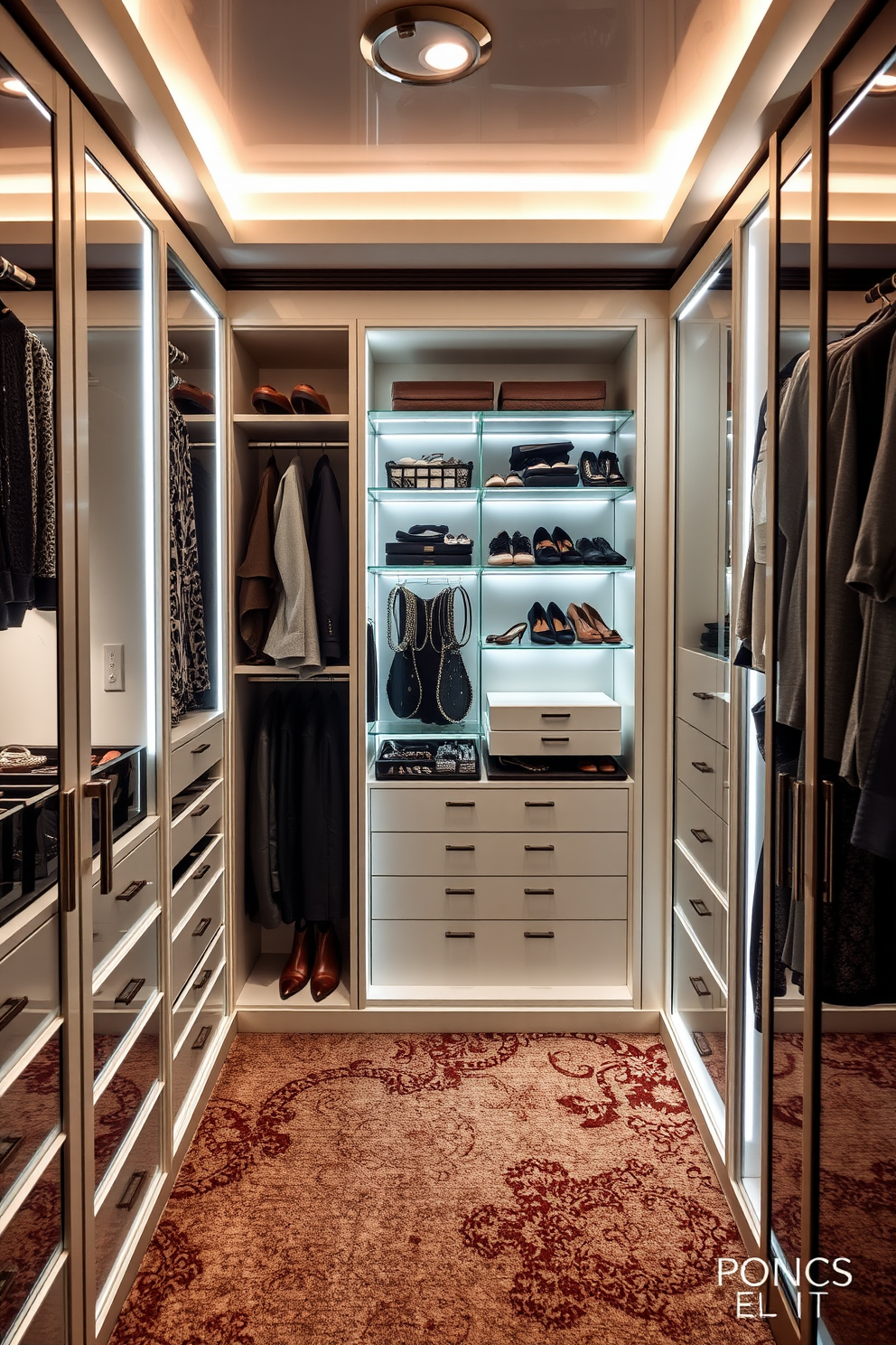 A luxurious walk-in closet featuring built-in jewelry organizer drawers. The drawers are elegantly designed with soft velvet lining and custom compartments for various types of jewelry. The closet is spacious with floor-to-ceiling shelving and hanging space. Soft, ambient lighting highlights the rich wood finishes and plush carpet underfoot.