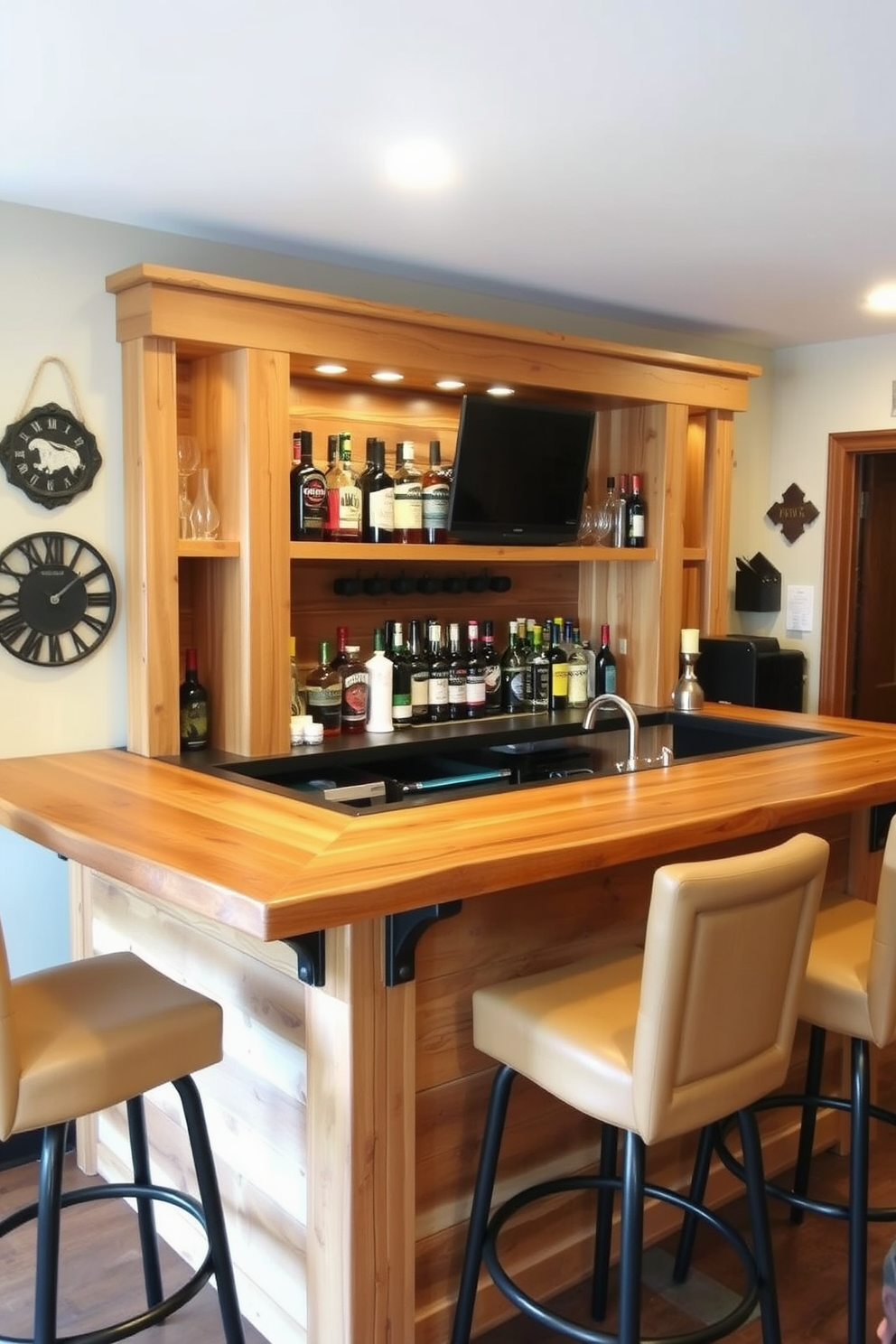 A rustic wooden bar with high stools is the centerpiece of a cozy man cave. The bar features a natural wood finish, complemented by metal accents and shelves stocked with various spirits and glassware.