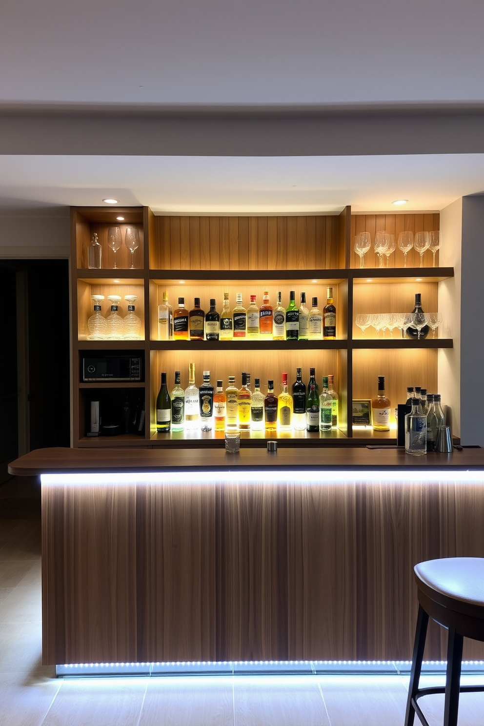 A stylish man cave bar with LED strip lighting illuminating the underside of the bar countertop. The bar features sleek wooden shelves stocked with an array of premium spirits and glassware, creating an inviting atmosphere for entertaining guests.