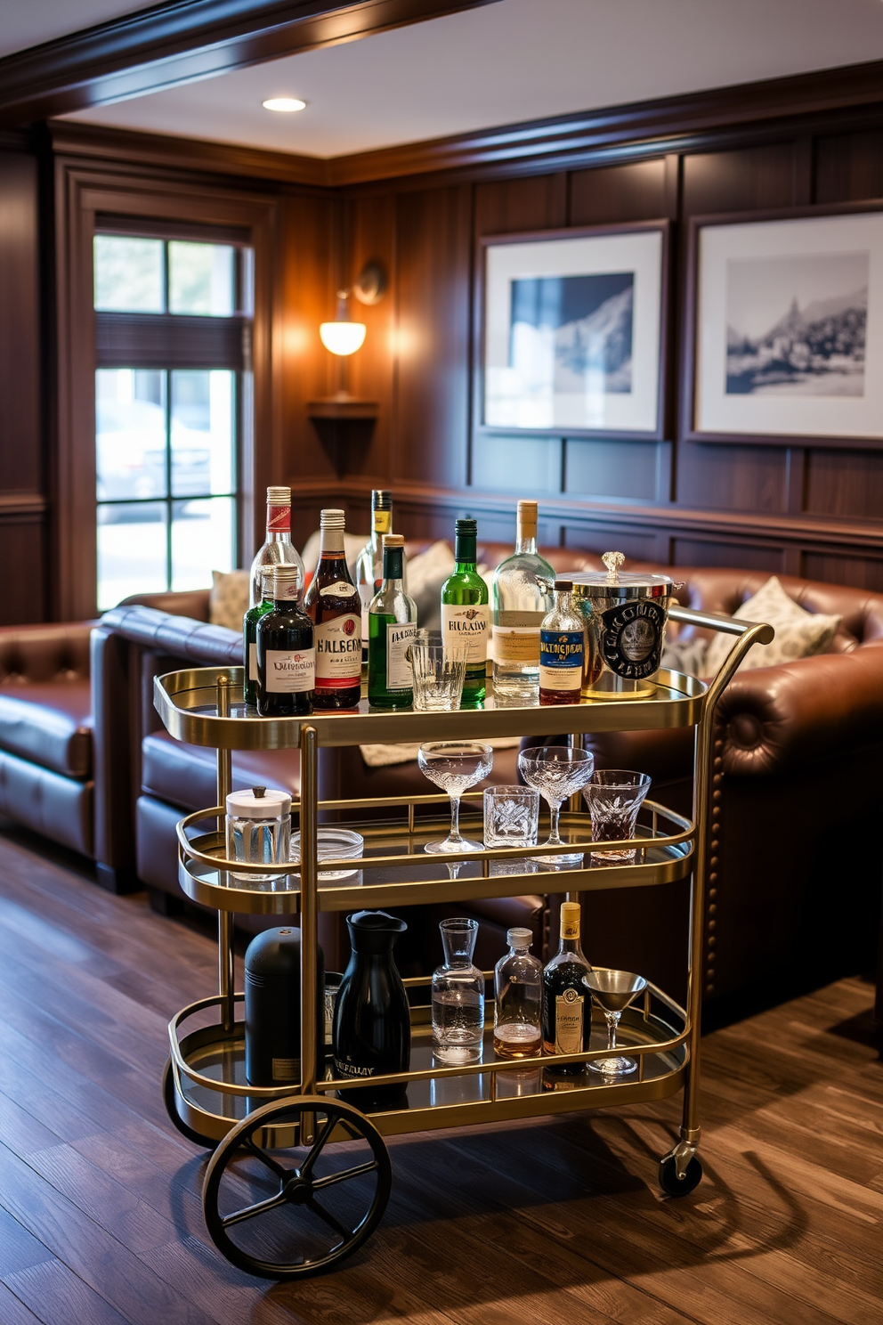 A stylish game table is positioned adjacent to a well-stocked bar area, creating a perfect space for entertainment. The bar features sleek dark wood cabinetry, illuminated by warm pendant lights that enhance the inviting atmosphere. The game table is surrounded by comfortable leather chairs, providing a cozy spot for friends to gather. A vintage-style rug anchors the space, adding a touch of warmth and character to the Man Cave design.