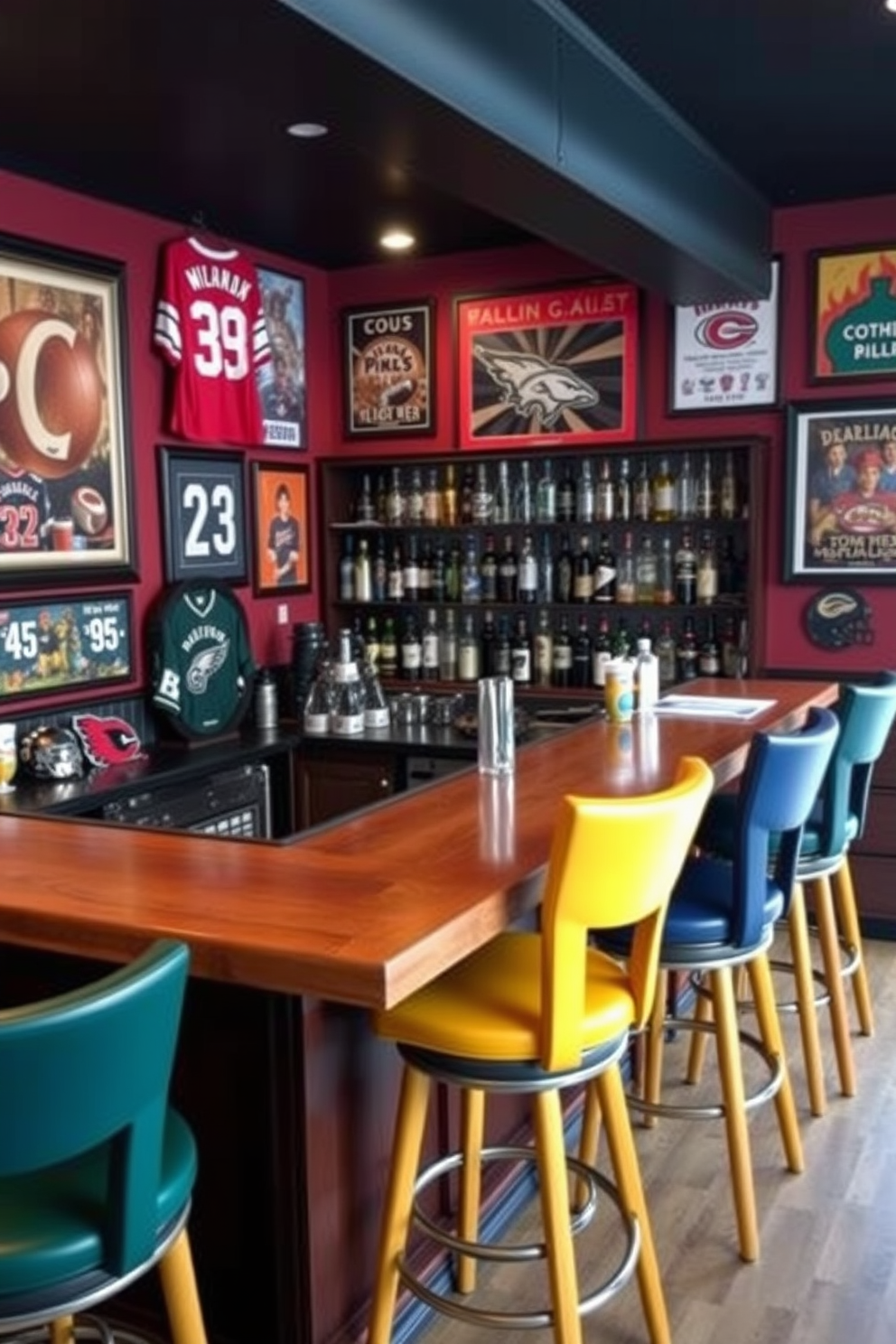 A cozy man cave bar designed with a sports theme. The walls are adorned with memorabilia from favorite teams, including jerseys and framed posters. A sleek wooden bar counter features high stools in team colors. Behind the bar, shelves display an array of spirits and sports-themed glassware.