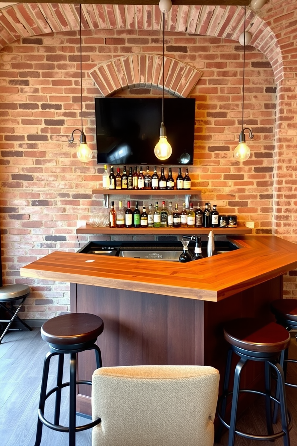 A cozy man cave bar with an exposed brick wall creates a warm and inviting atmosphere. The bar features a reclaimed wood countertop with stylish bar stools and ambient lighting hanging above.