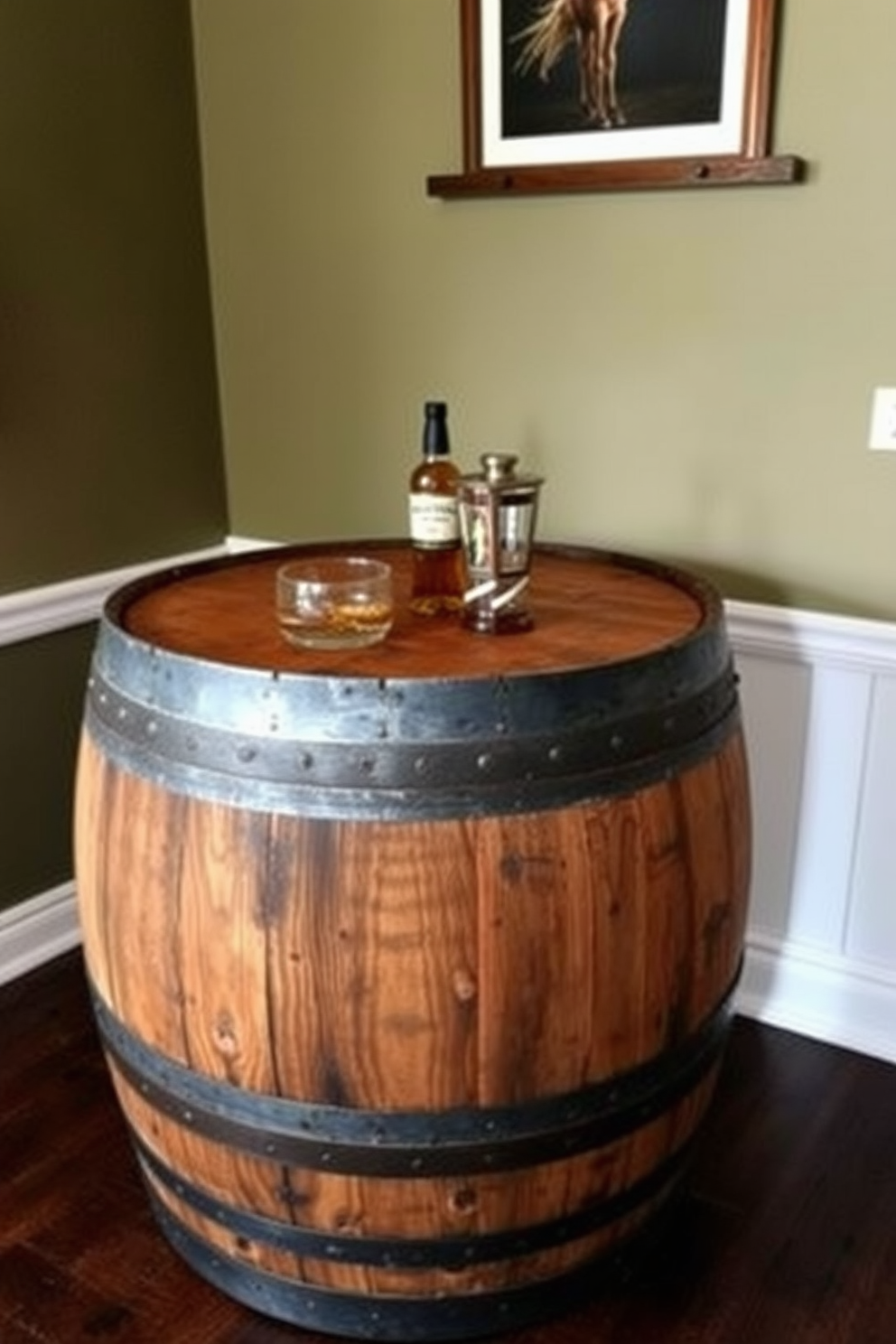 Whiskey barrel tables add a unique charm to any man cave. These rustic pieces can serve as both functional surfaces and striking focal points in your bar design.